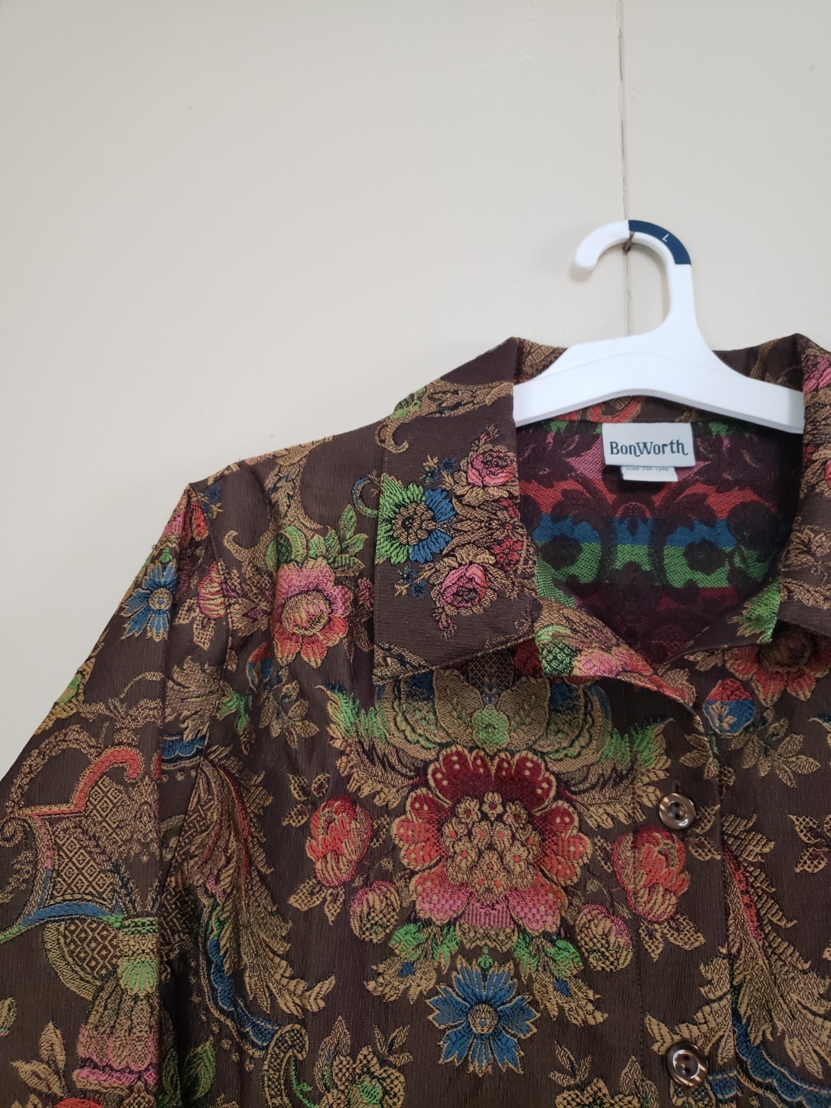 Vtg Bon Worth Women Petite M PM Jacquard Jacket Oriental Floral Brown Pink Artsy