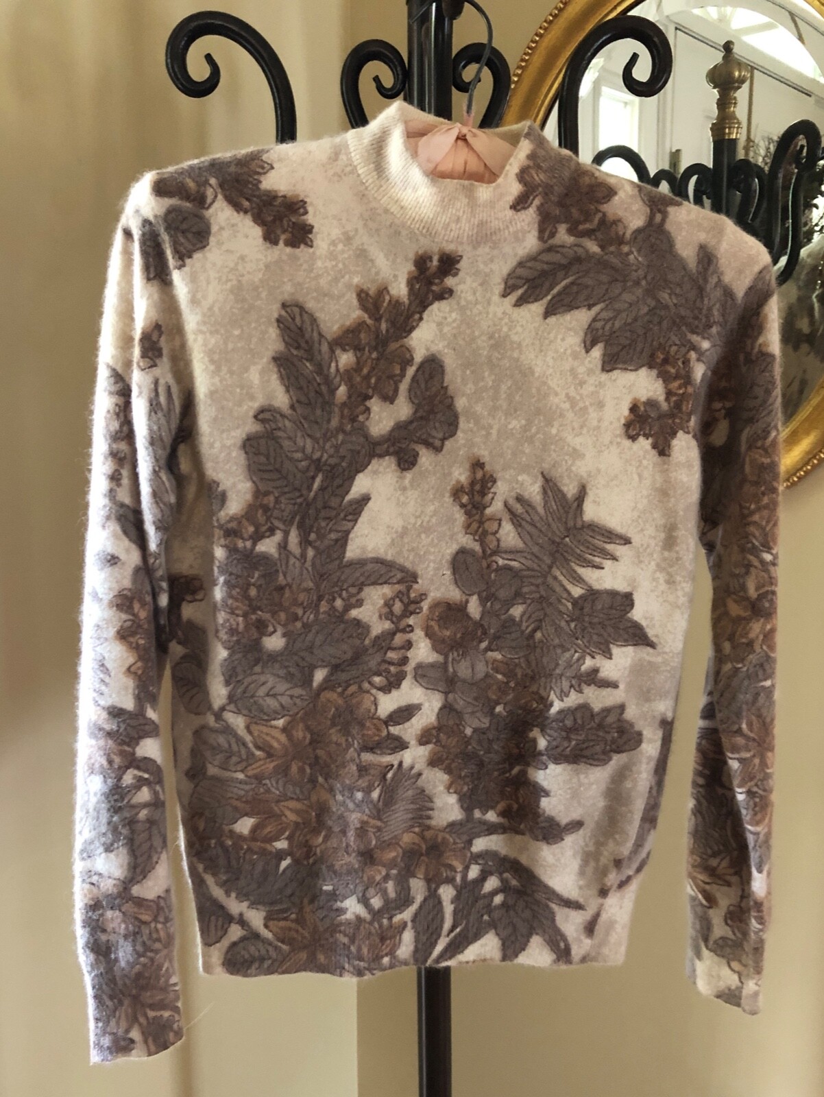 BONNIE BRIAR Italy VTG 60s Wool/Angora Pullover Mock Neck Floral Sweater XS/S