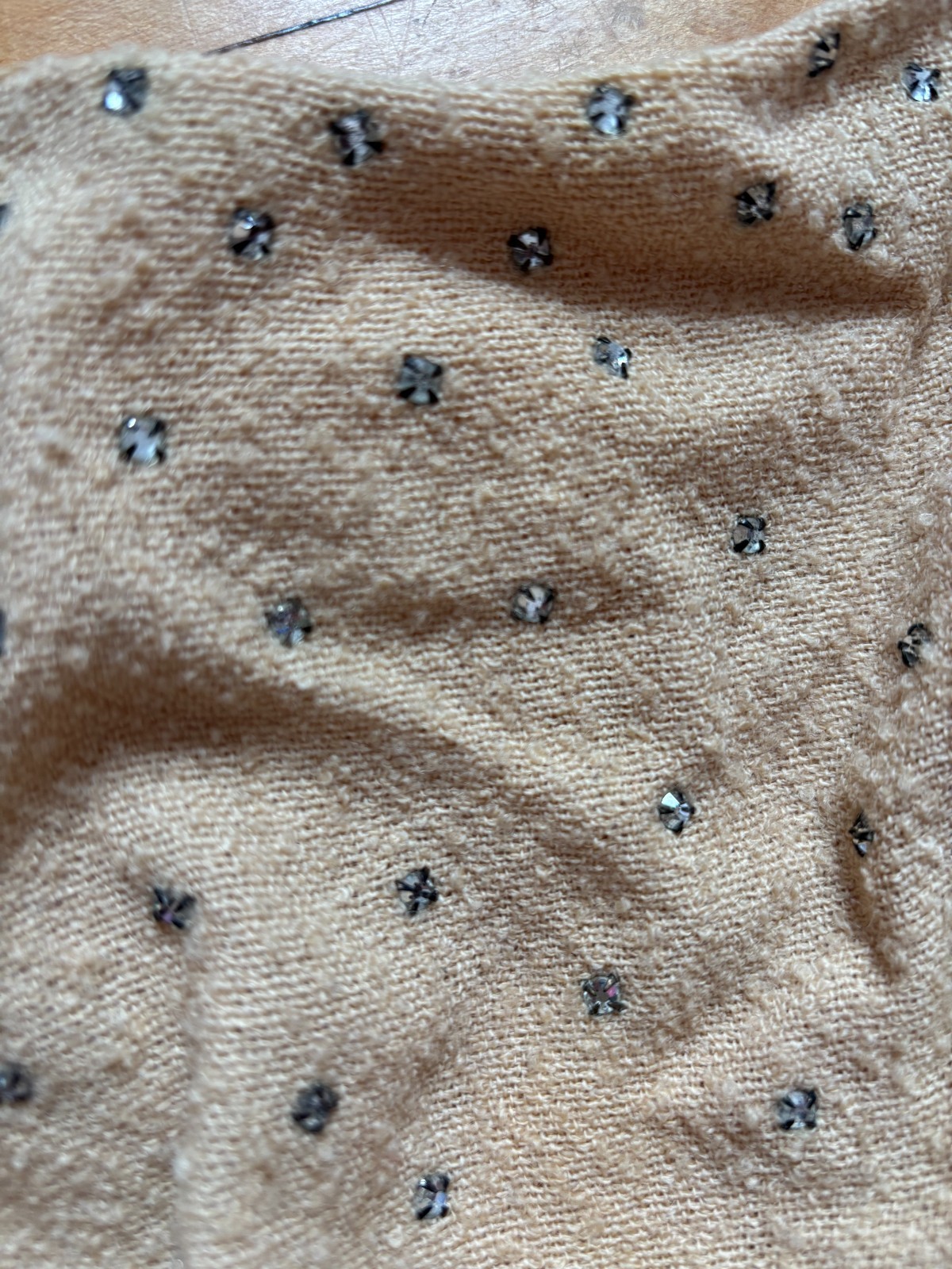 VTG 1950s BEIGE OYSTER WOOL CREPE DRESS WITH RHINESTONES 25″ WAIST