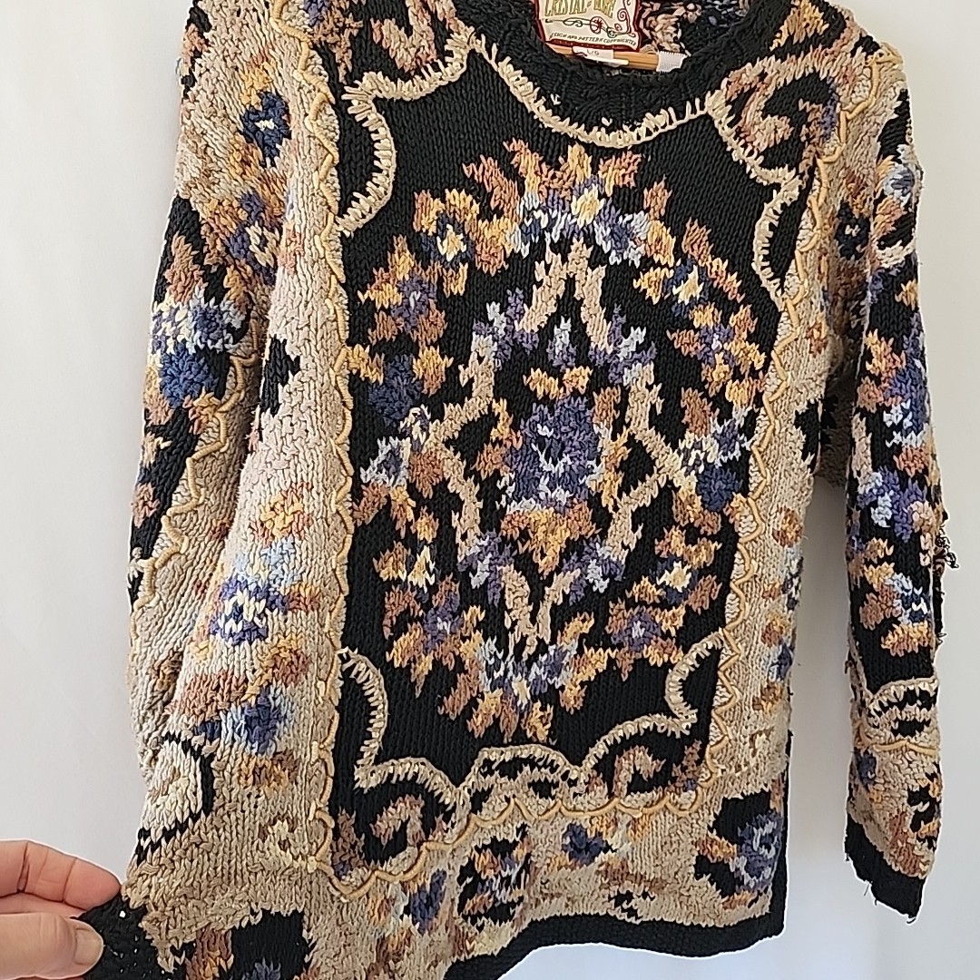 Vintage Crystal – Kobe Hand Knit Floral Grandma 80s Sweater Sz LG Cotton,Ramie