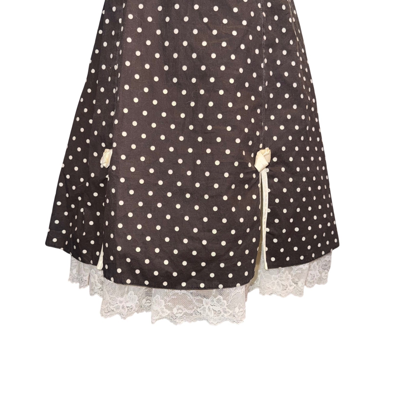 Vintage I.N. San Francisco Y2K Polka Dot Dress Bow Lace Hem Brown White Size 11