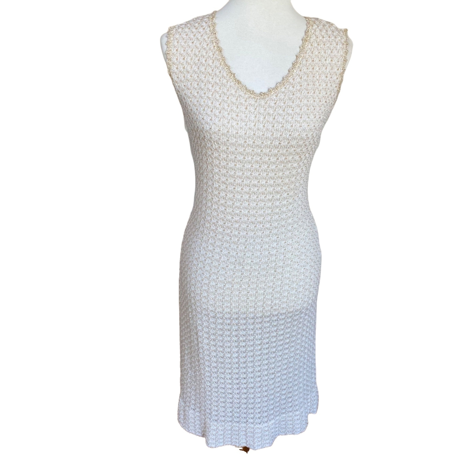 Vintage Crochet Dress Mod 60s 70s Sleeveless Boho Cream Metallic Gold Size Large