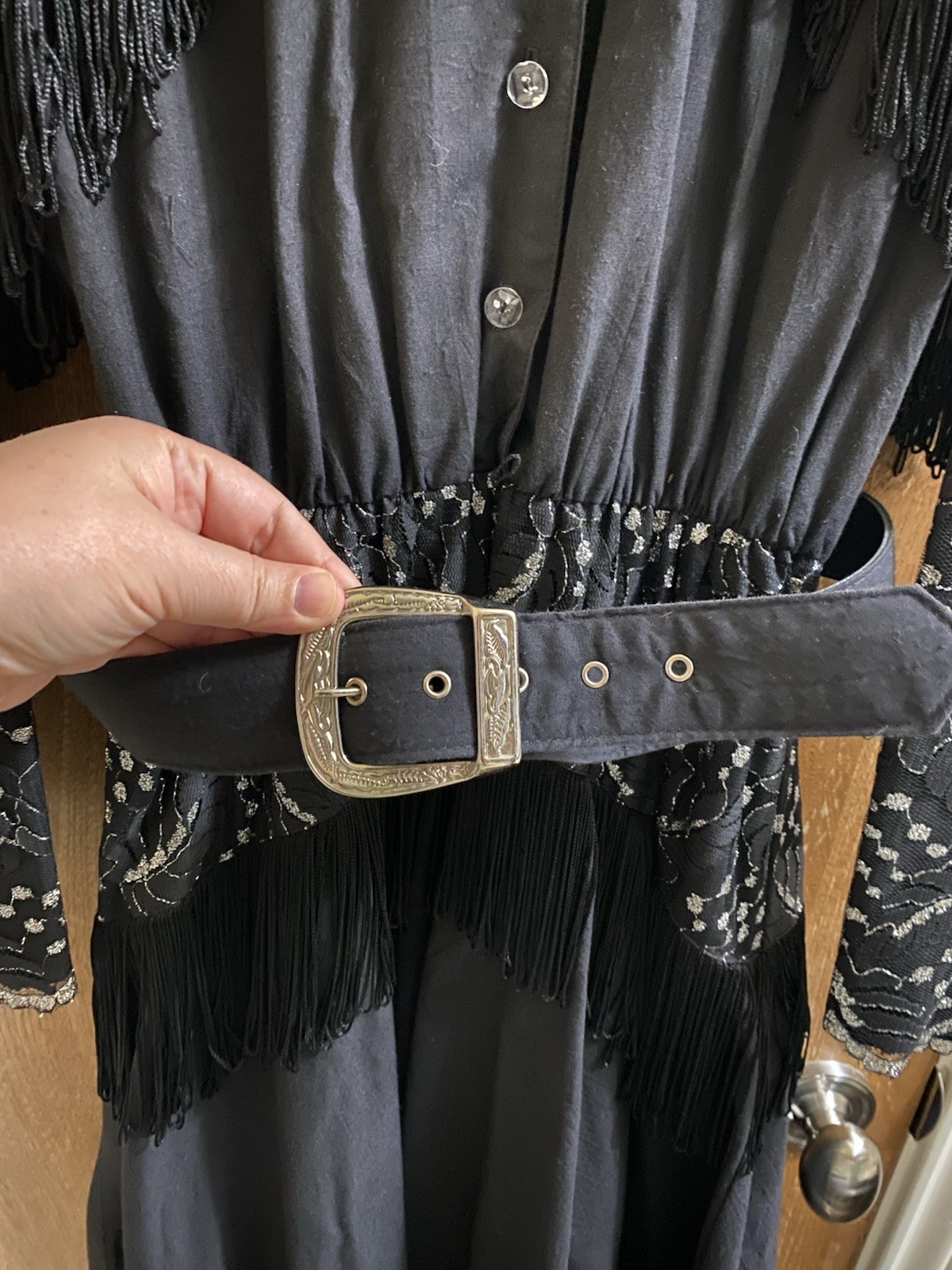 Vintage Lilia Smitty Western Dress Black Silver Fringe Size 11/12 Lace Rodeo