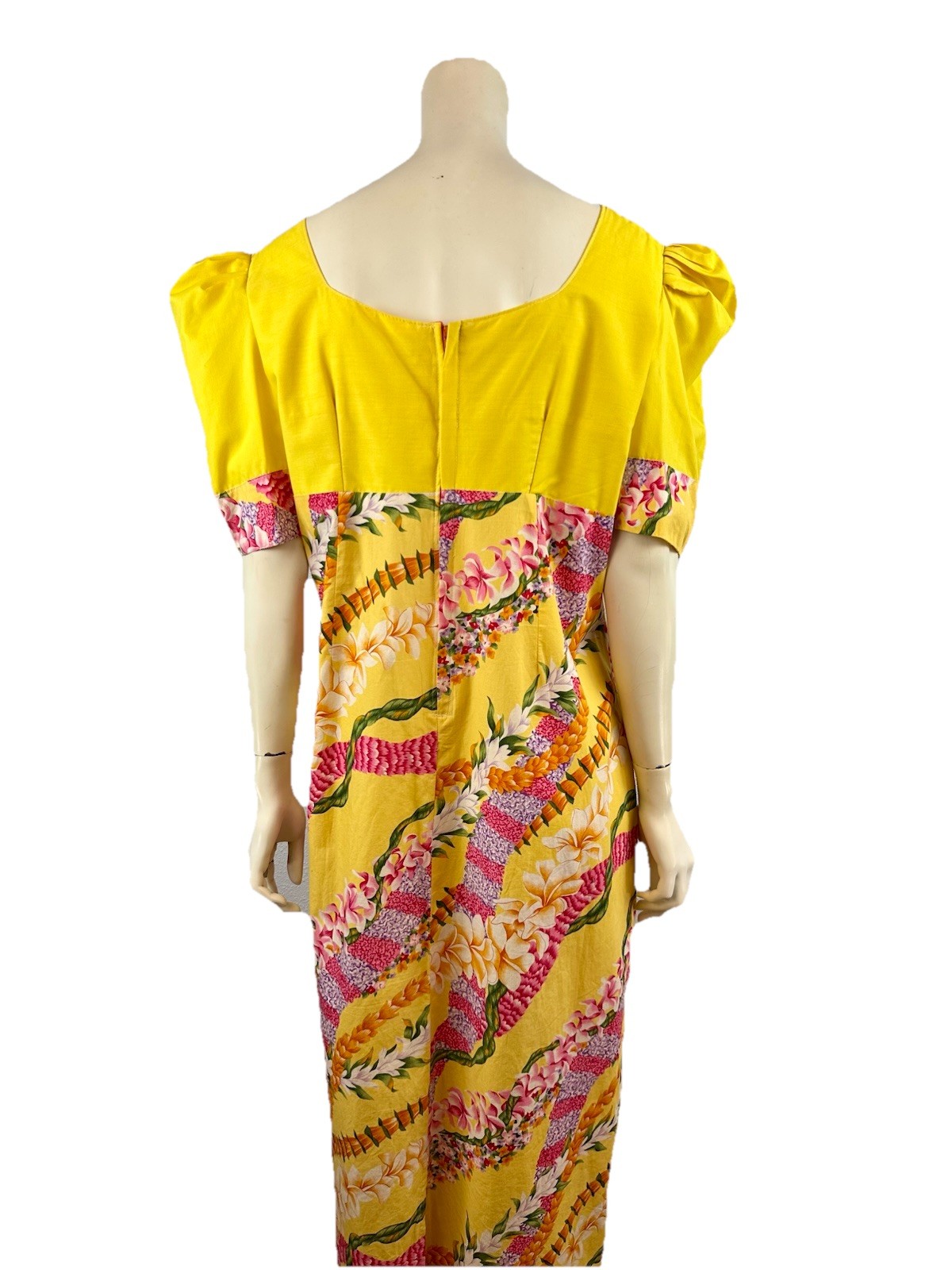 Yellow Hawaiian Floral Maxi Dress, Empire Waist, No Label, Size Large