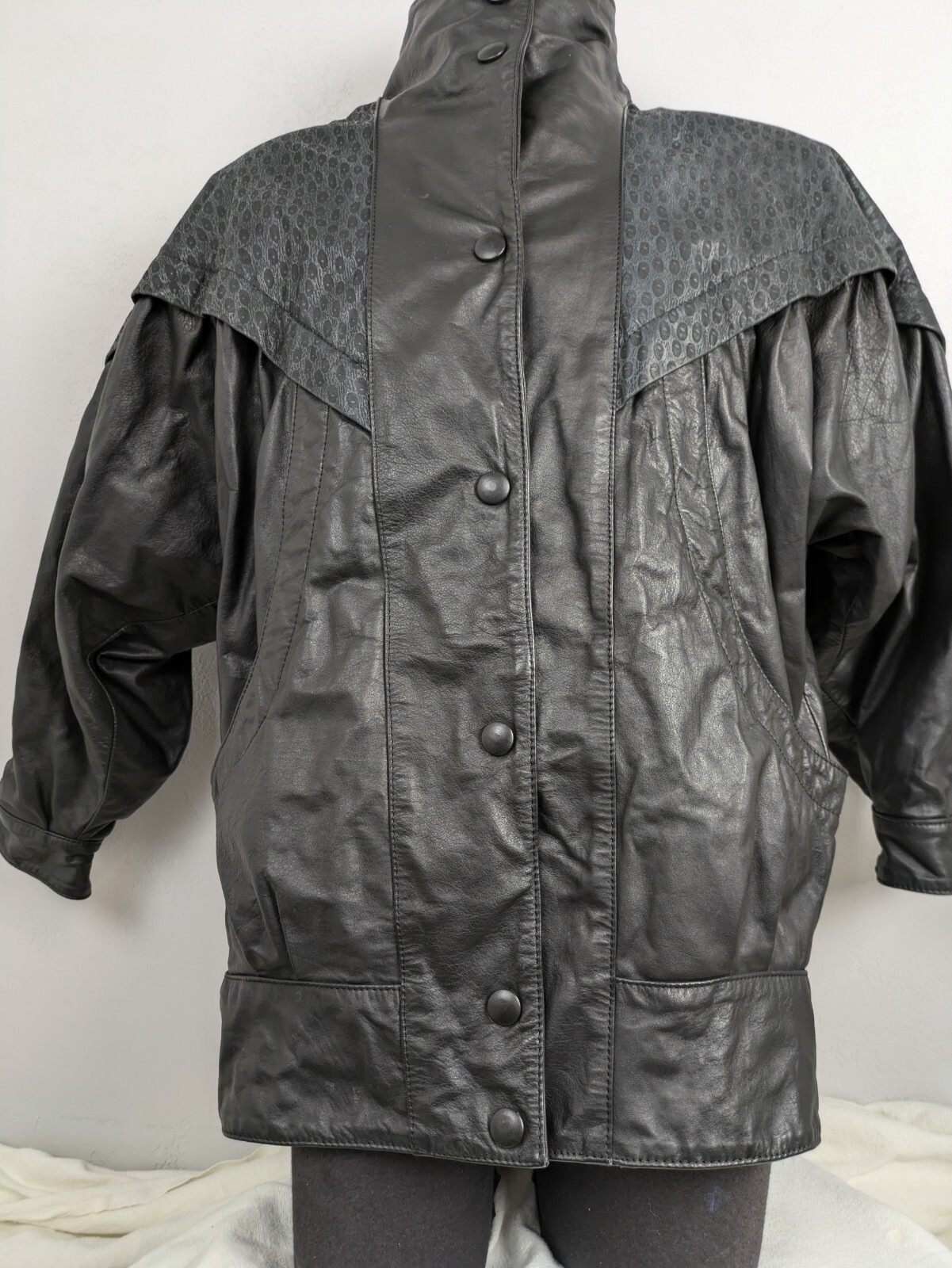 Womens Leather Leopard Print Black 80’s Jacket Size Med Bomber Biker Rocker