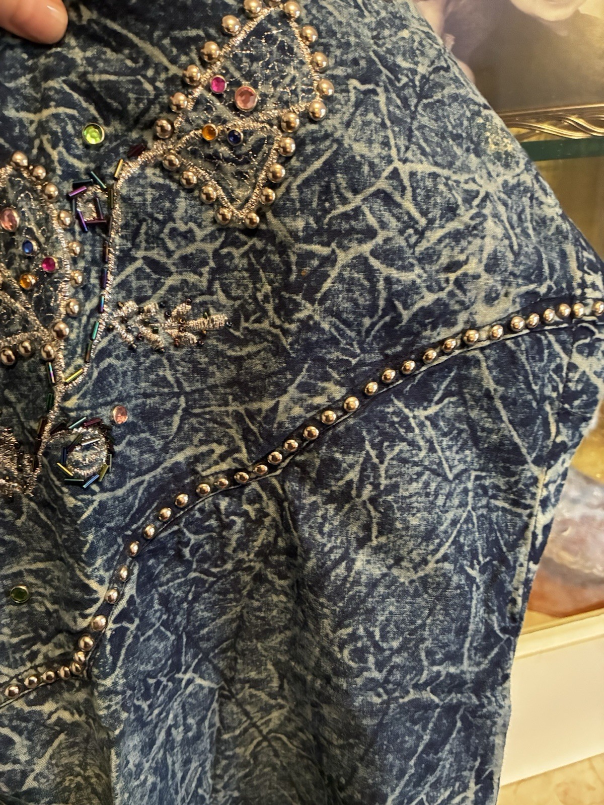 80s 90s Blu Sapphire Acid Wash Bedazzled Short Sleeve Jean Shirt Shoulder Pads M