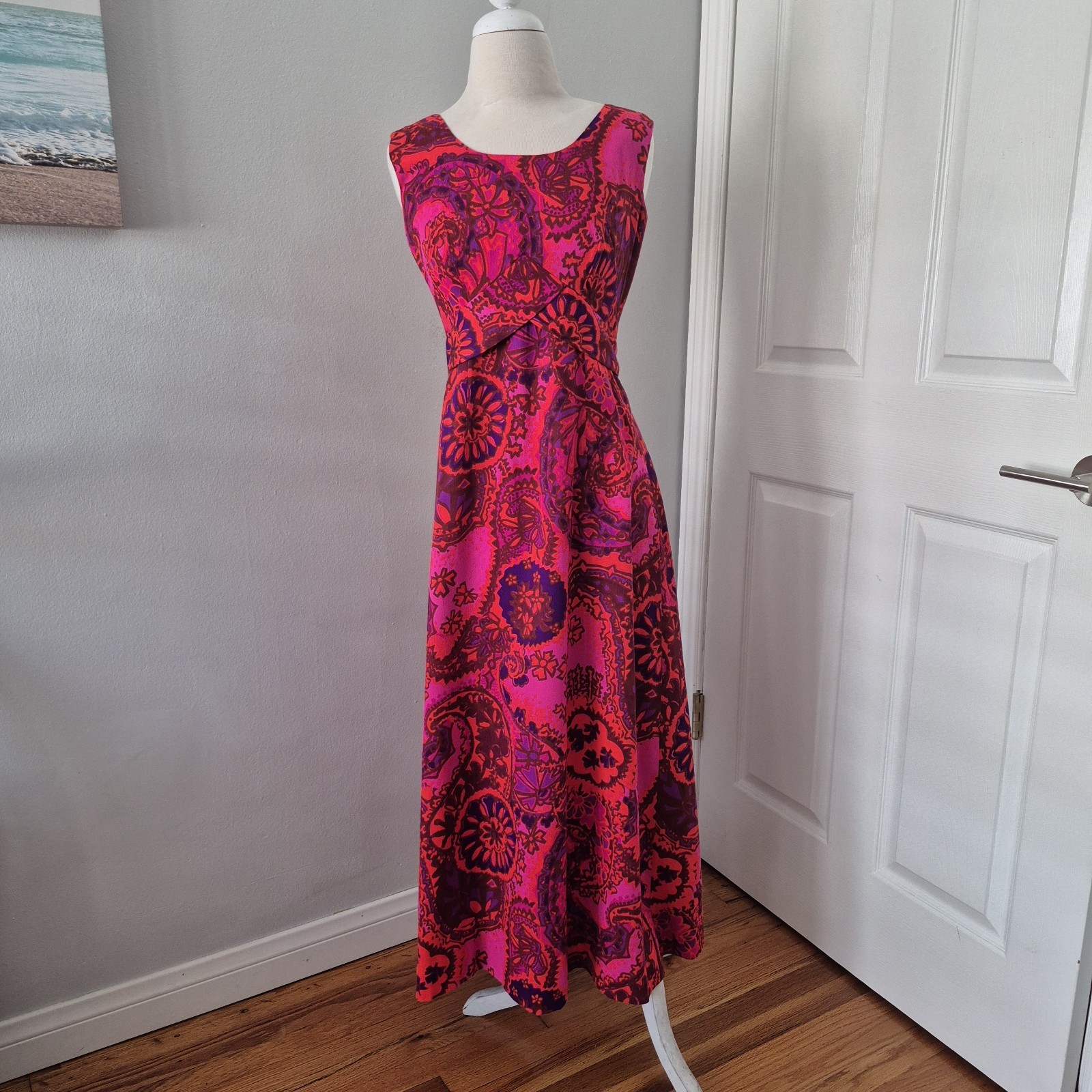 VTG 60s Sears Hawaiian Fashions Barkcloth Maxi Dress Pink Paisley Tiki Mod Rare