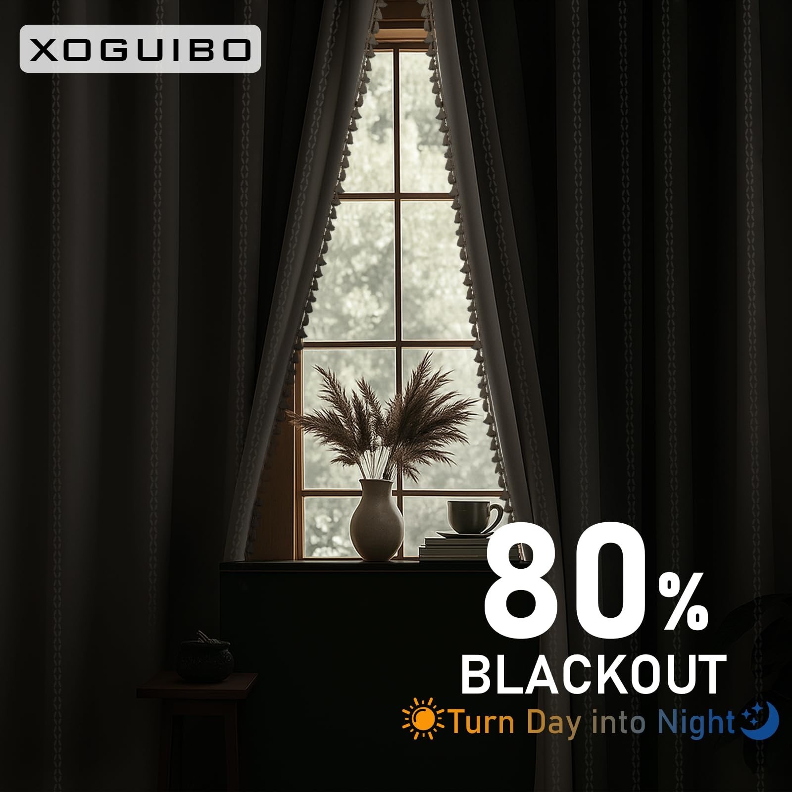 Boho 80% Blackout Curtains with Gray Liner 84 Inches Long 2 Panels Set, Beige…