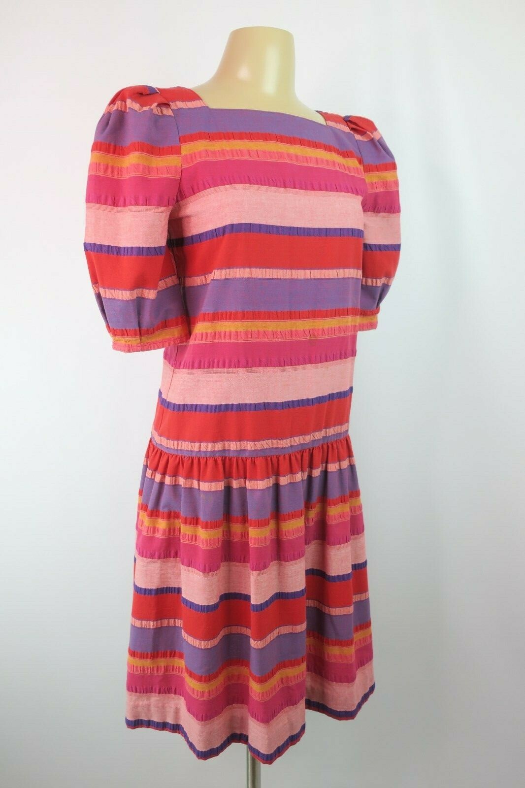 Vtg 70s Puffy Sleeve Sundress Dress Willi of California Striped Drop Waist sz 4