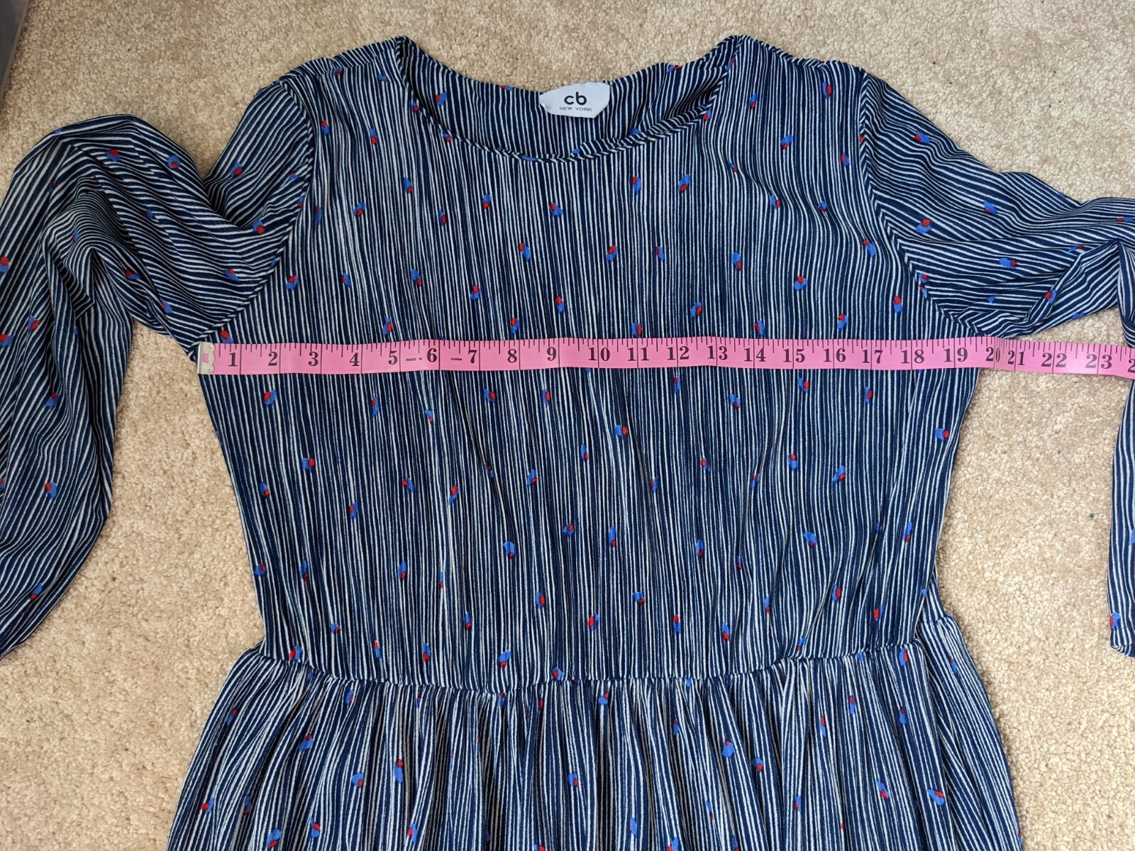 Vintage CB New York Women’s 1X Blue White Abstract Pleated Long Sleeve Dress