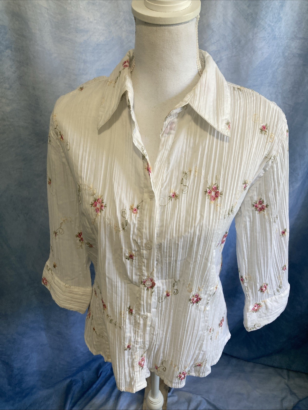 Vtg 90s Y2K Keren Hart Cottagecore Floral Embroidered Crinkle Blouse Top Large