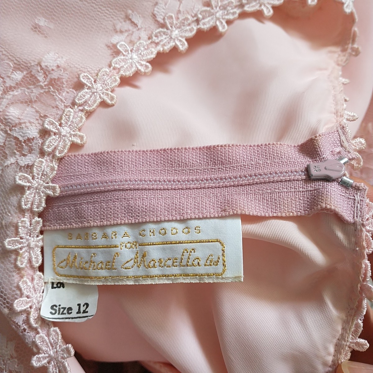 Vtg Barbara Chodos Michael Marcella Dress 12 Pink Floral Lace Bow Drop Waist