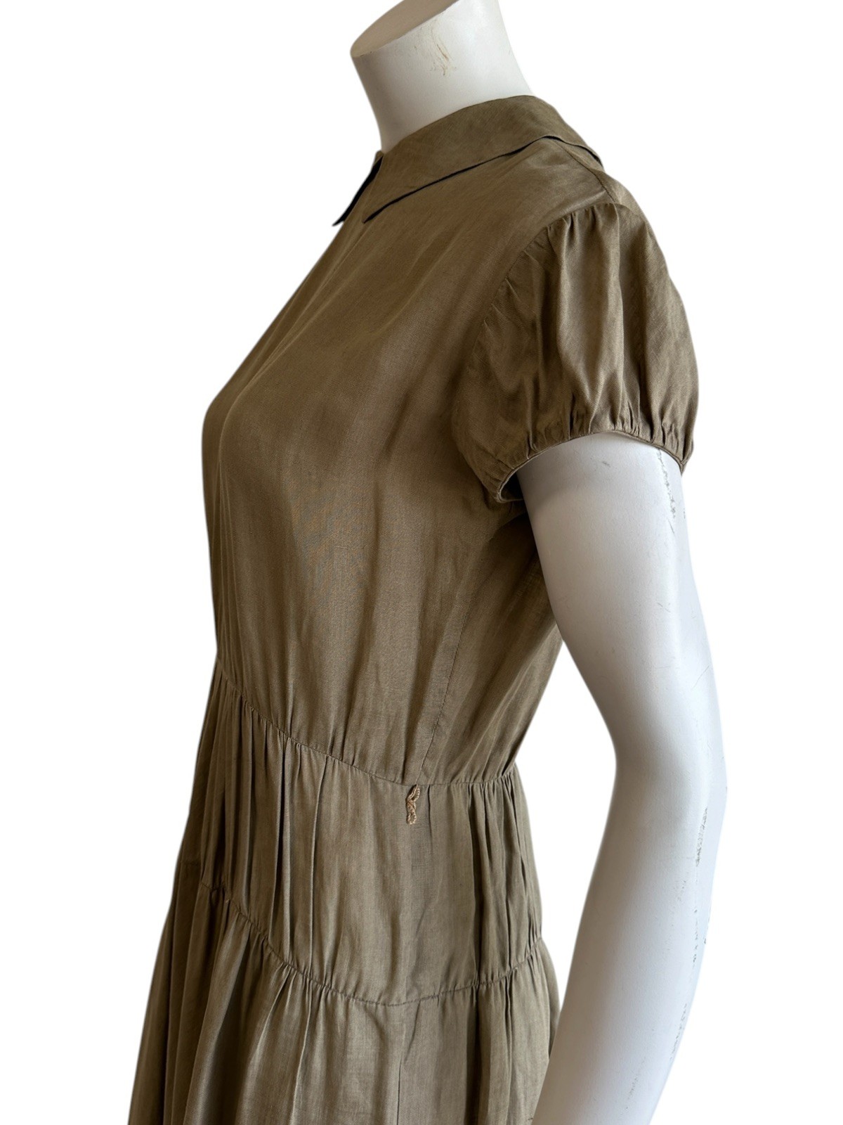 1940s 1950s Olive Green Dress Peter Pan Collar Rayon Linen Feel