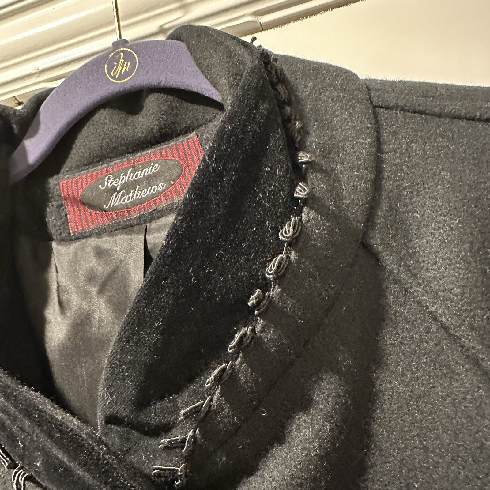 Stephanie Mathews Vintage Black 100% Wool Swing Coat Velvet Trim Made in USA