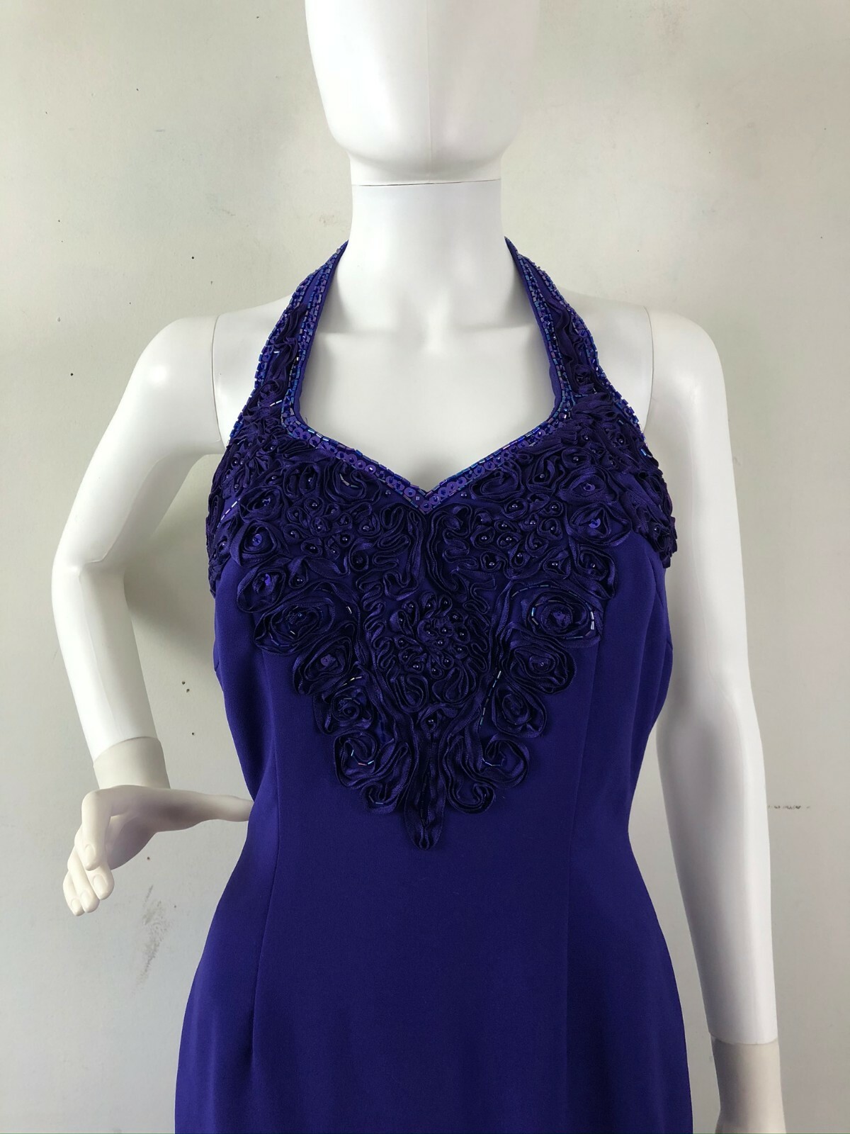 Vintage Dress Purple Halter Gown Size 6 Small Beaded Evening Ankle Length 1980s