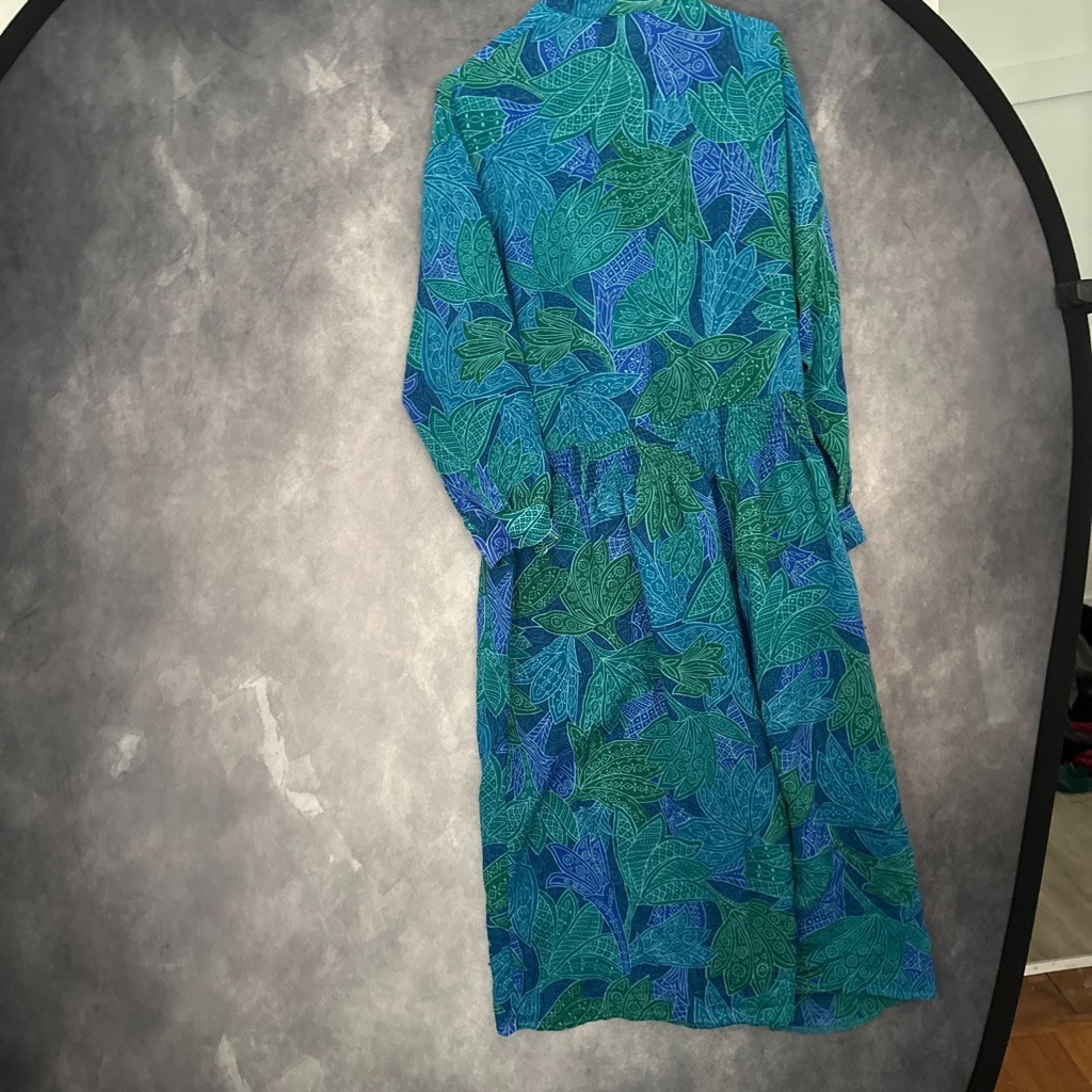 Malia Vintage 80s 90s Blue Green print dress with pockets super comfy