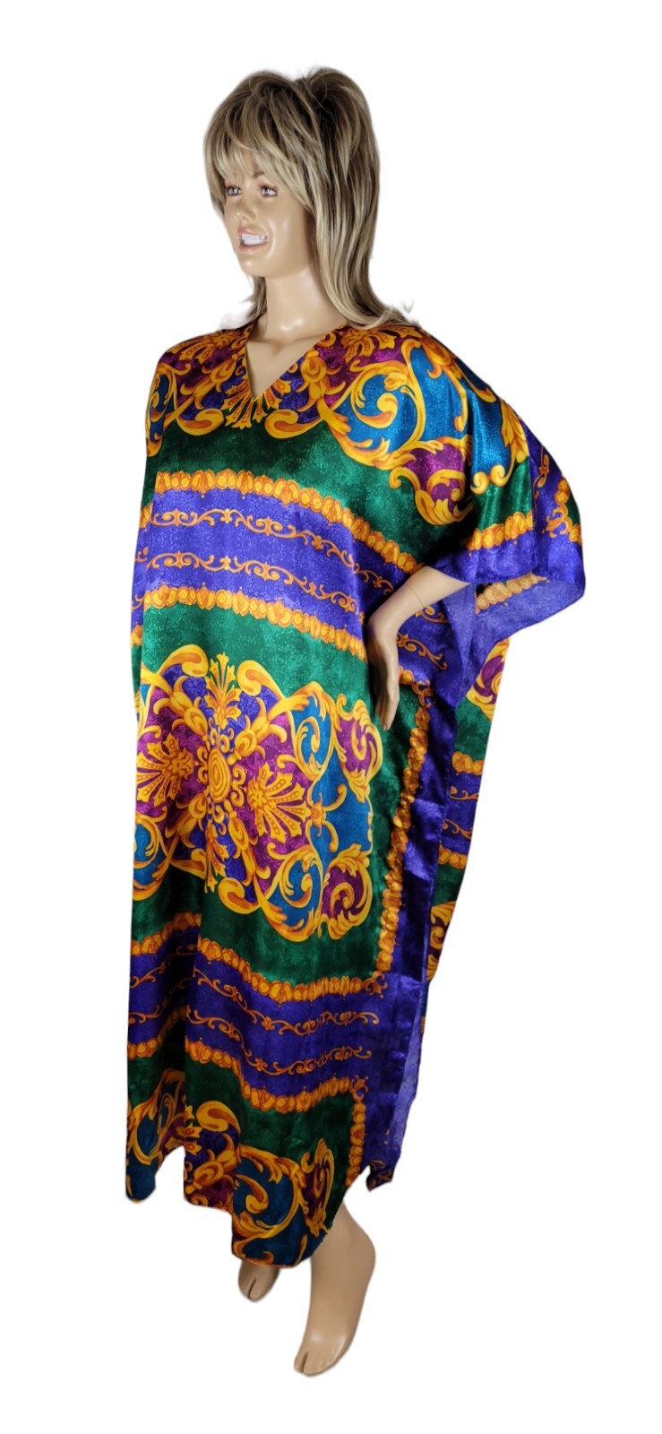 Vintage 1980s Winlar Baroque Short Sleeve Satin Kaftan House Dress One Size