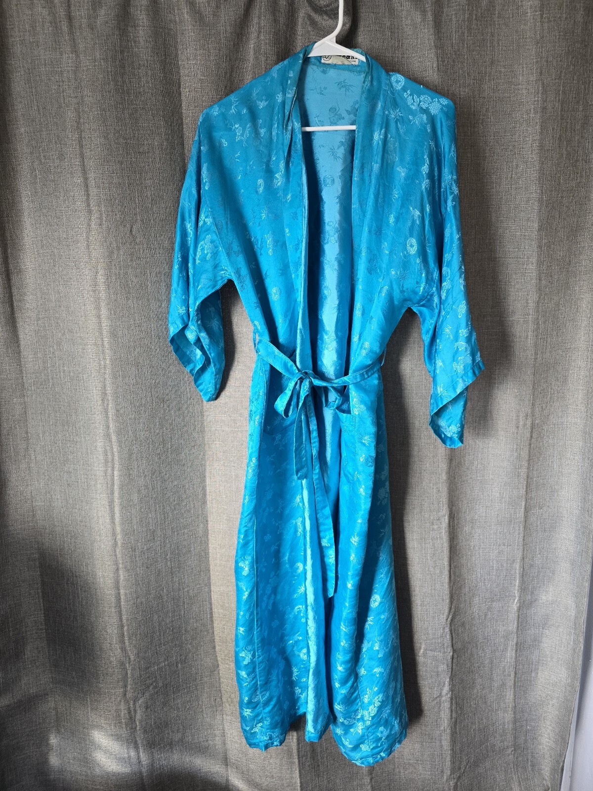 MEDAL Vintage 80s Blue Asian Inspired Satin Robe Size S Kimono Sleeves
