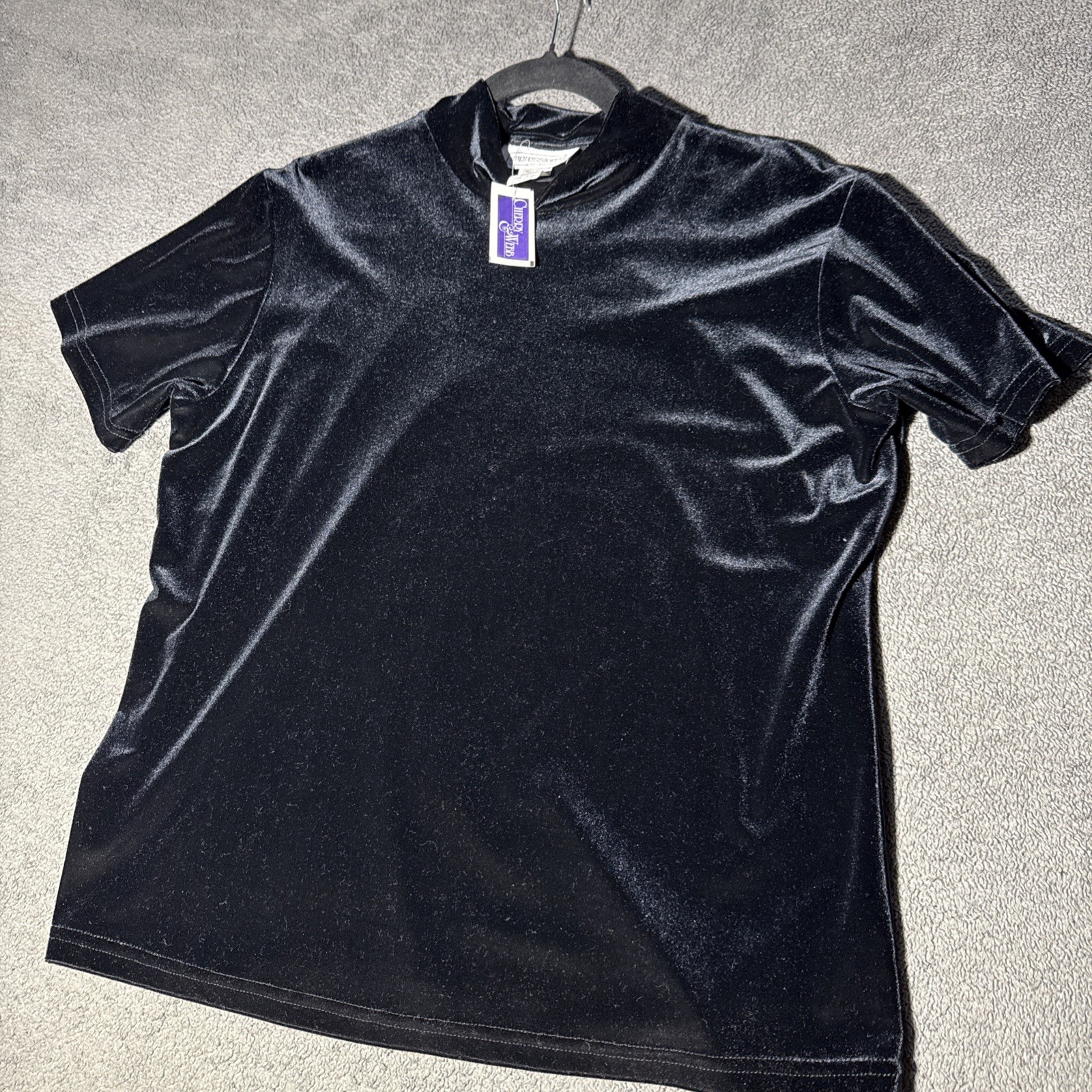 Vintage Impressions Mock Turtleneck L Black Velvet Short Sleeve Grunge 90s NWT