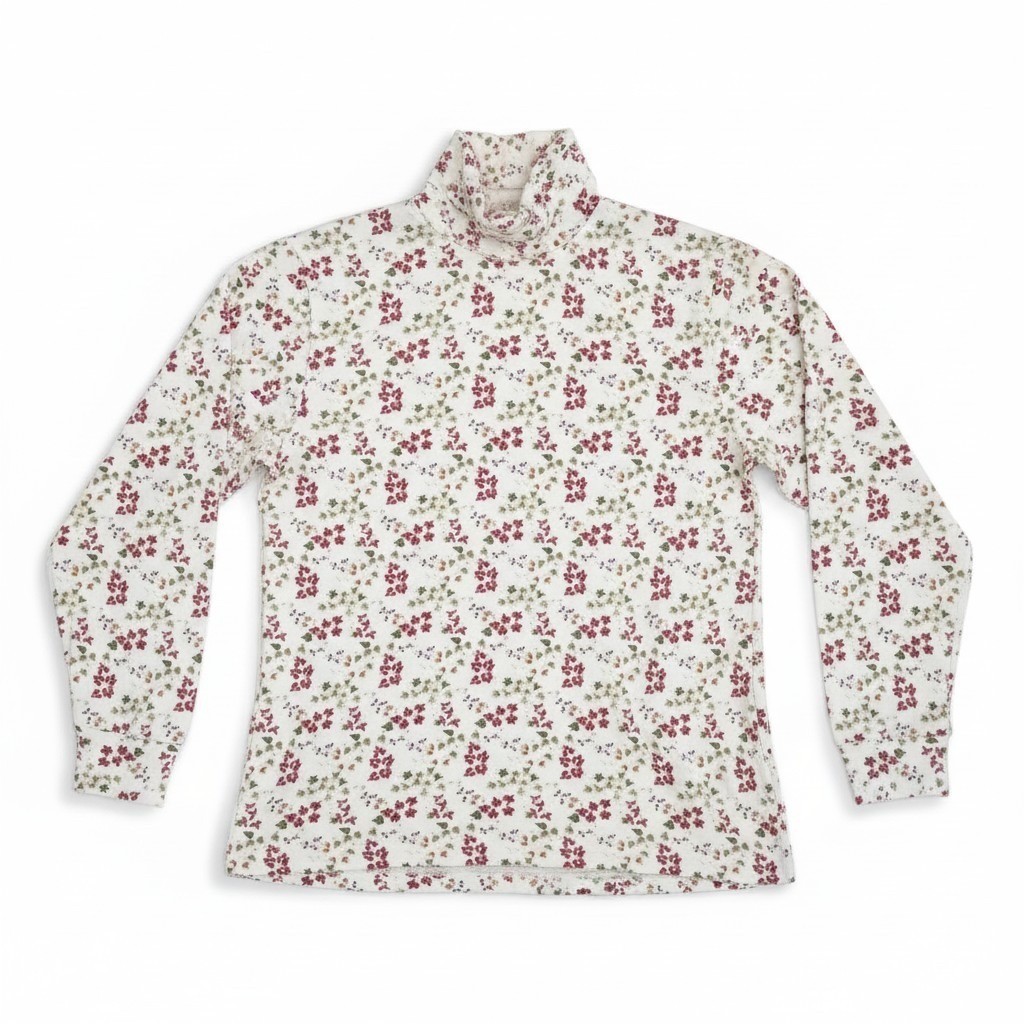 Jason Vintage Floral Ivy Print Turtleneck, Woman’s Small Top, Cream Burgundy