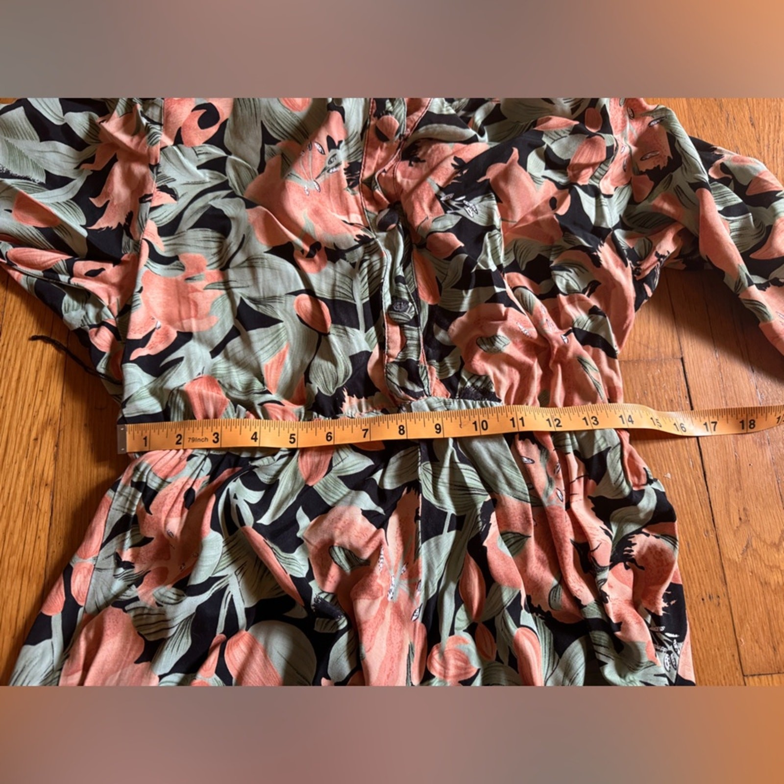 80s Vintage Green Black and Pink Floral Shirt Dress