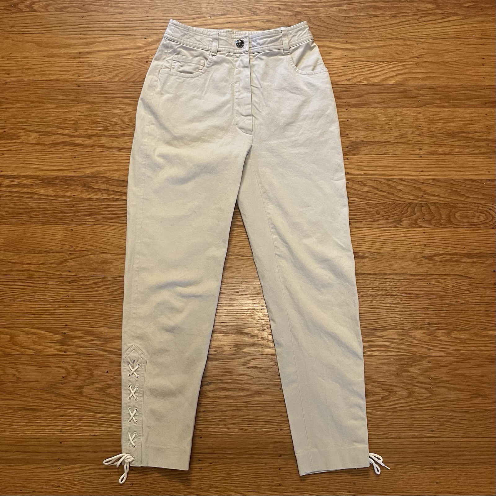 Vintage 90s CHANEL Cream Pants Lace Up Ankles Women’s Sz Fr 34 US 2 XS