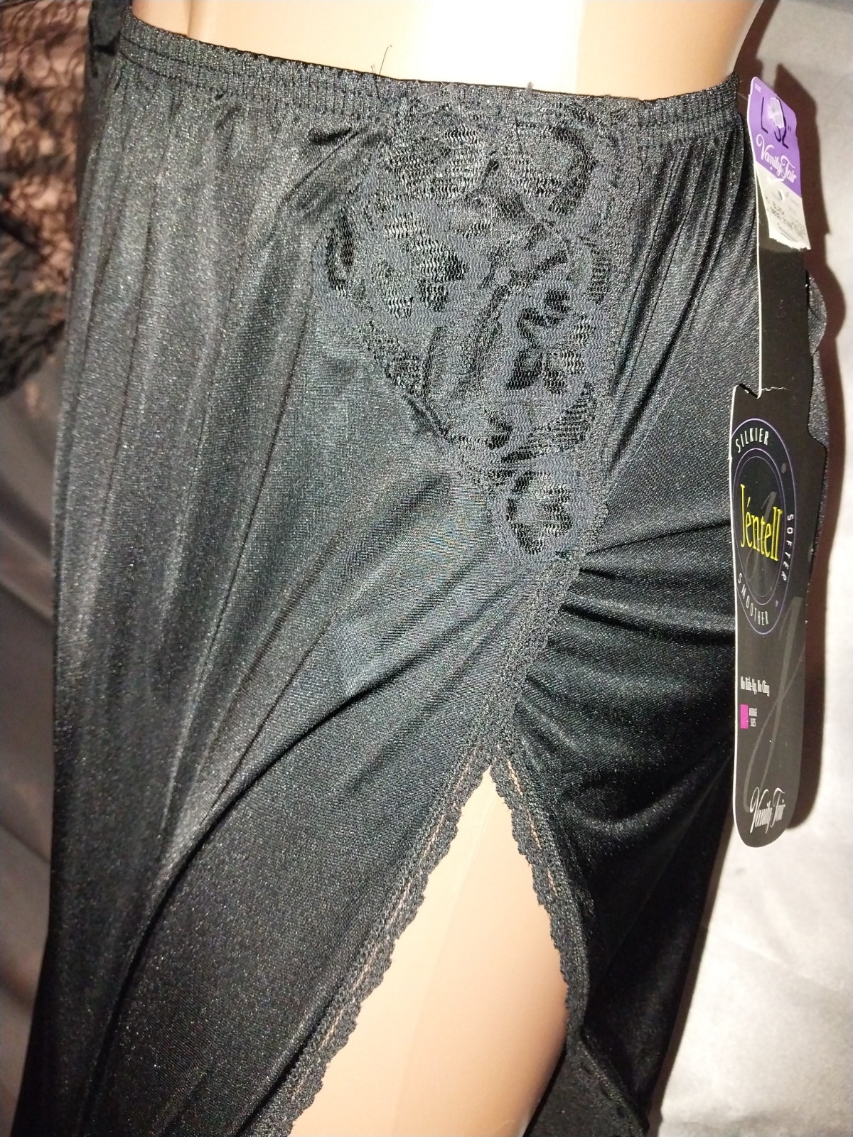 VTG JENTELL VANITY FAIR SILKY Tricot NYLON HIGH SLIT BIAS DRESS HALF SLIP L-48