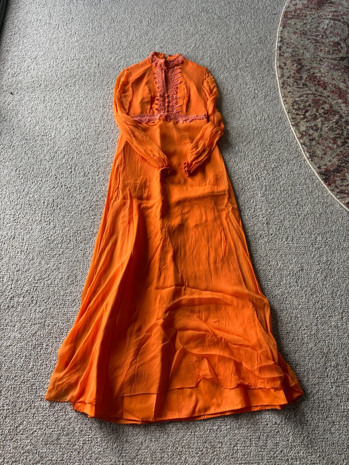 Vintage 70s Orange Boho Prairie Maxi Dress Lace Keyhole Festival S Chic Glam