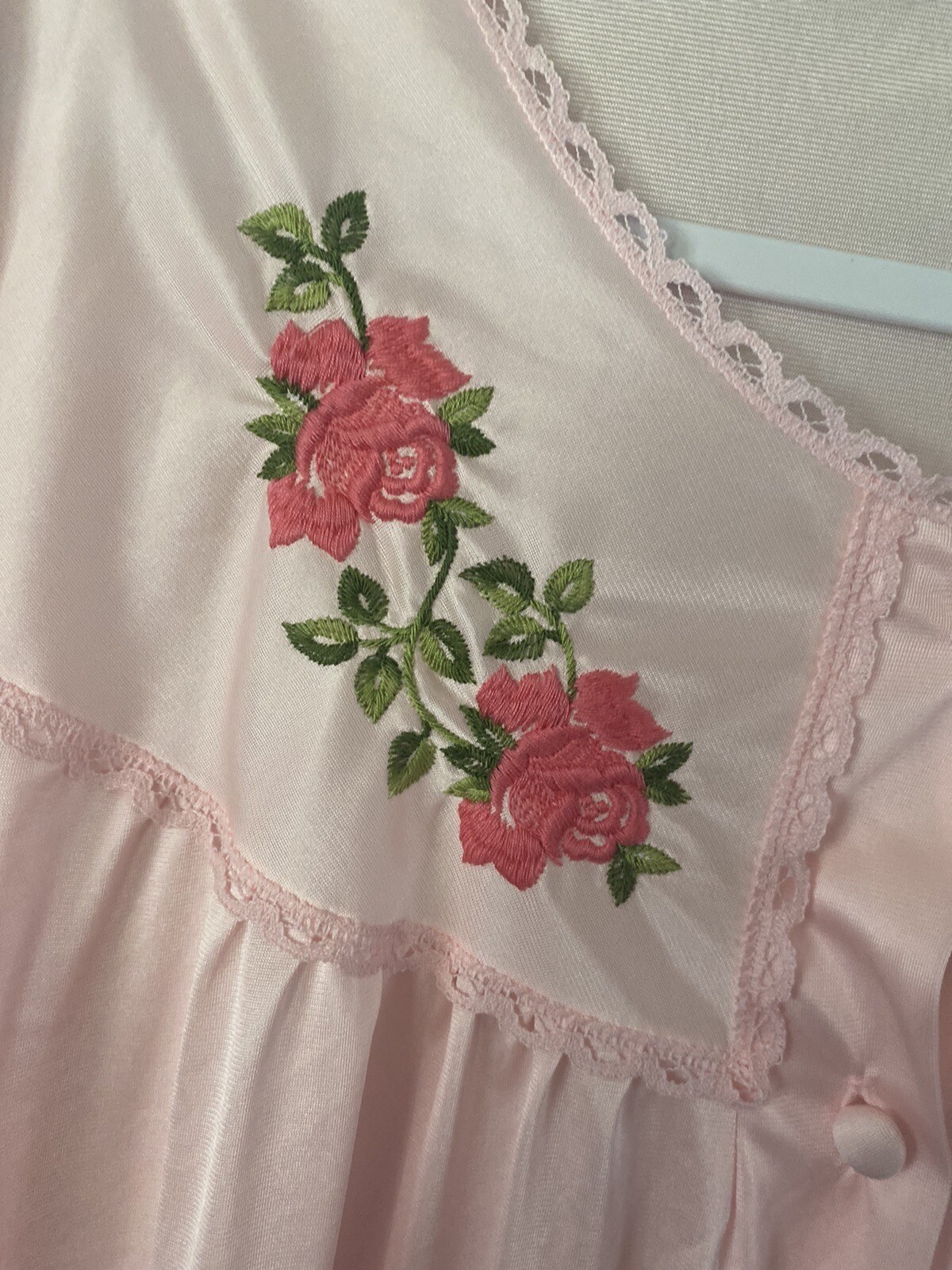 Vintage Lorraine Nightgown Size Large PINK ICE Floral Embroidered Silky Sleep