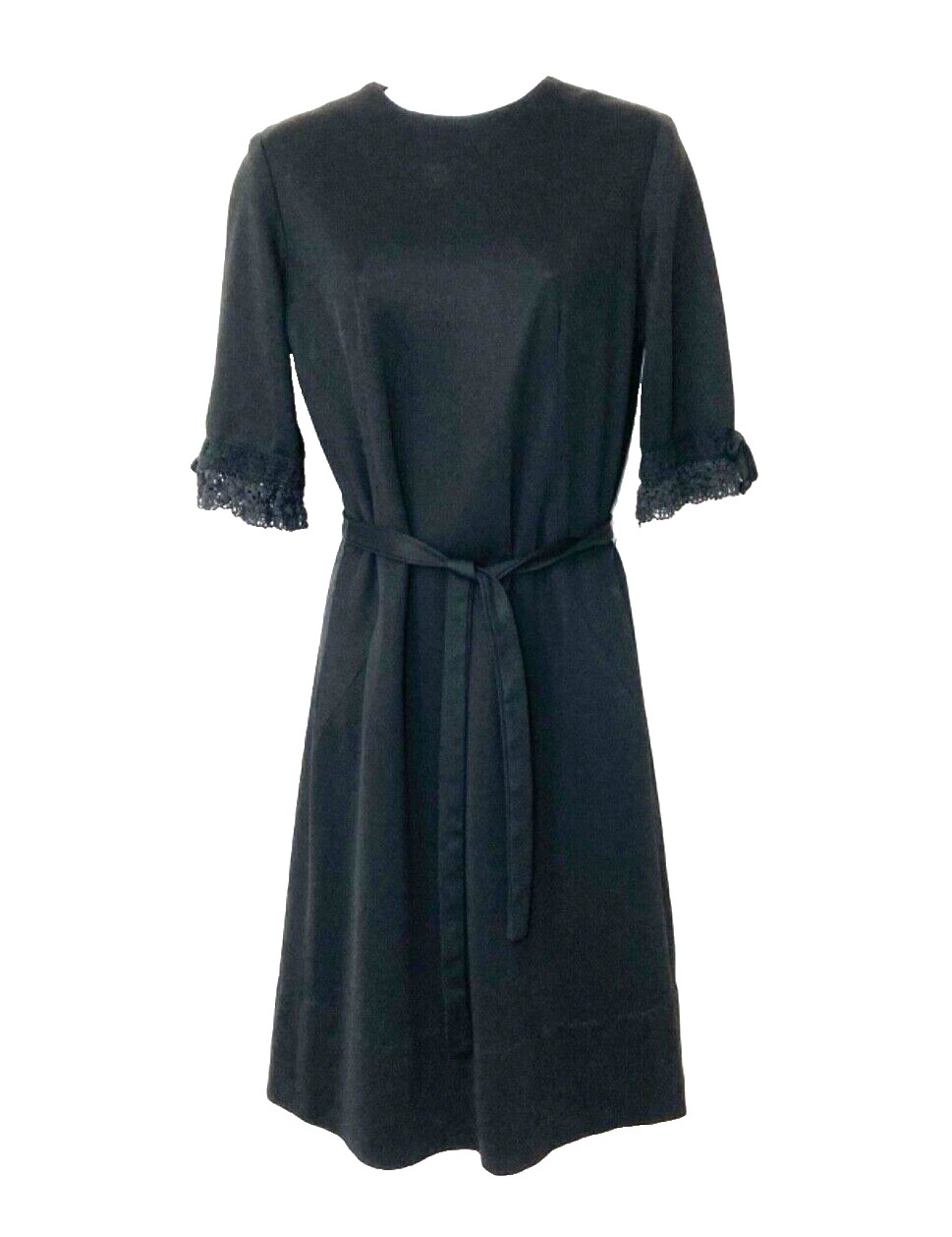 VINTAGE BETTY HARTFORD BLACK POLYESTER DRESS, LACE EDGED SLEEVE, 10-12