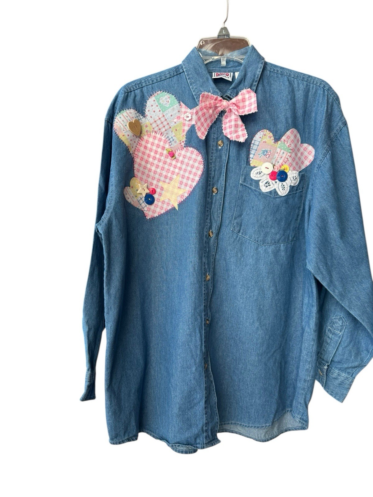 Vtg Western Country 90s Patchwork Denim Top Appliqué Hearts Buttons Lace Large