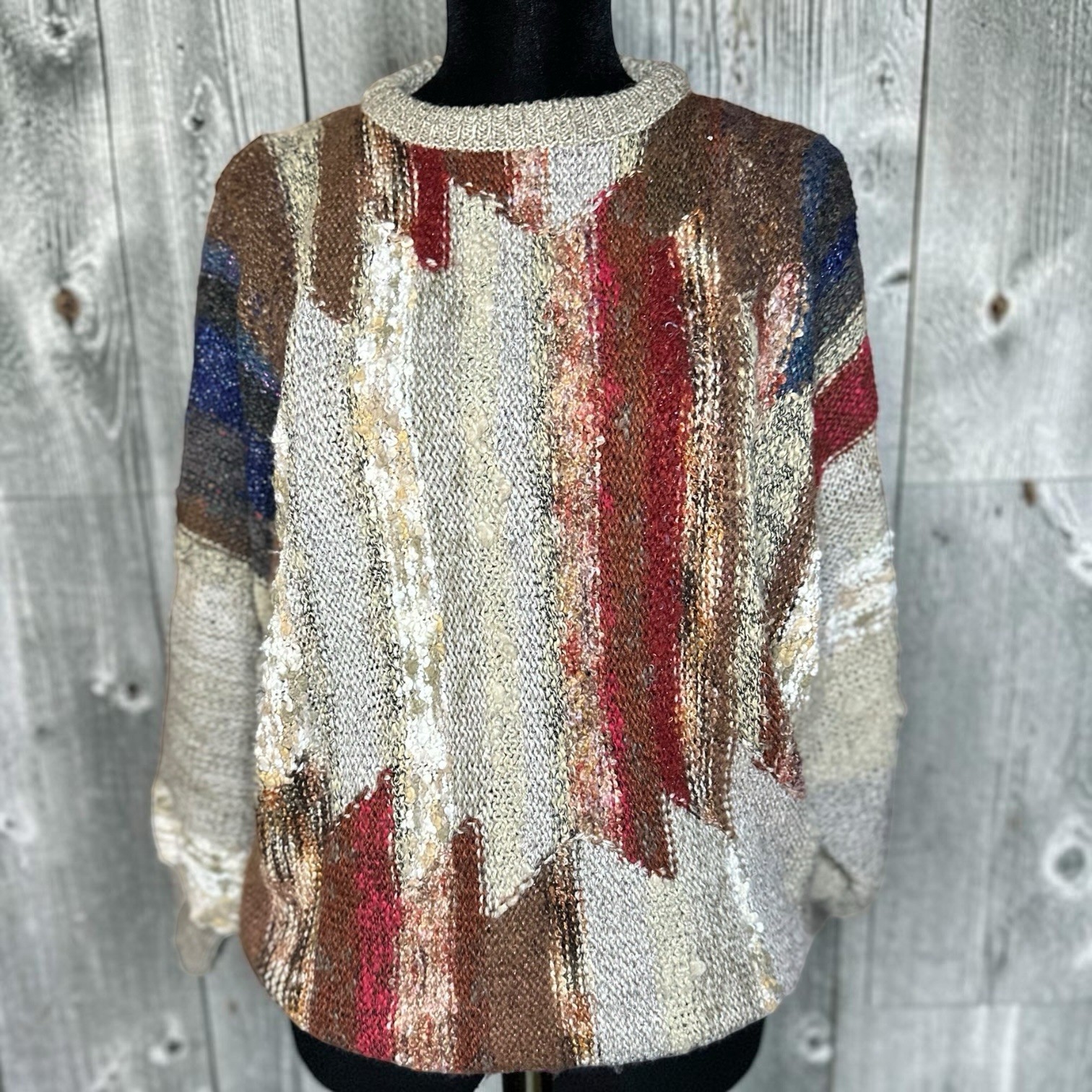 Vintage 80s 20 ANS Mariea Kim Sweater Women M Abstract Metallic Knit Coogi Style