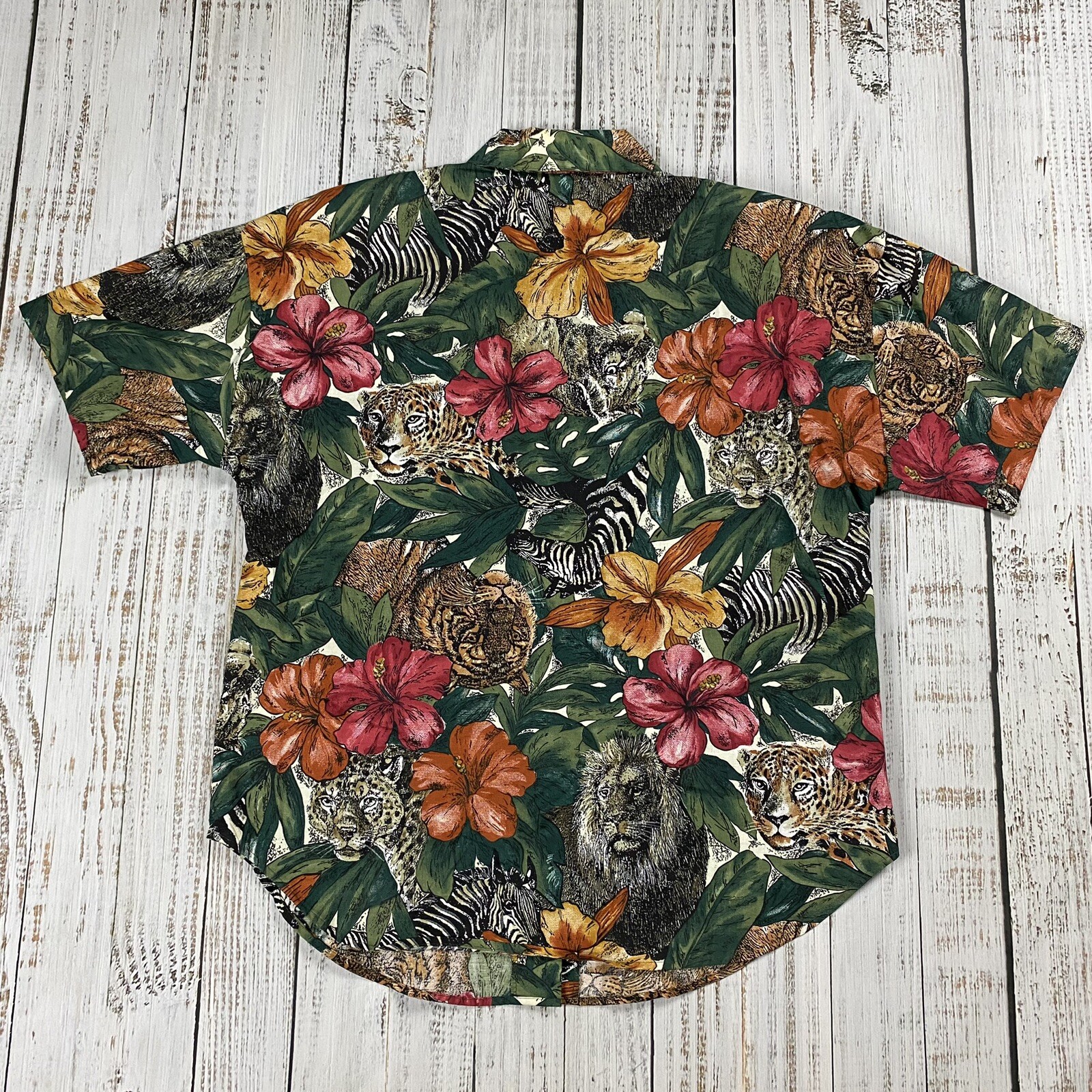 VTG 90S HAWAIIAN PRINT GREEN FLORAL TIGER ANIMAL BLOUSE SHIRT WOMENS MEDIUM