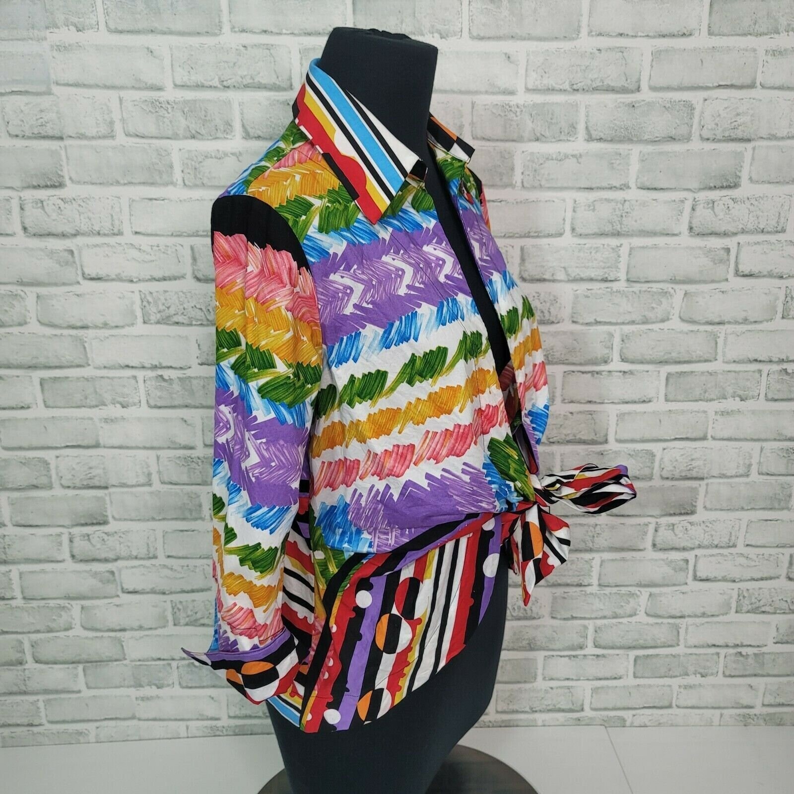 Mischa Womens Colorful Abstract Print Tie Open Front Cotton Popover Blouse M