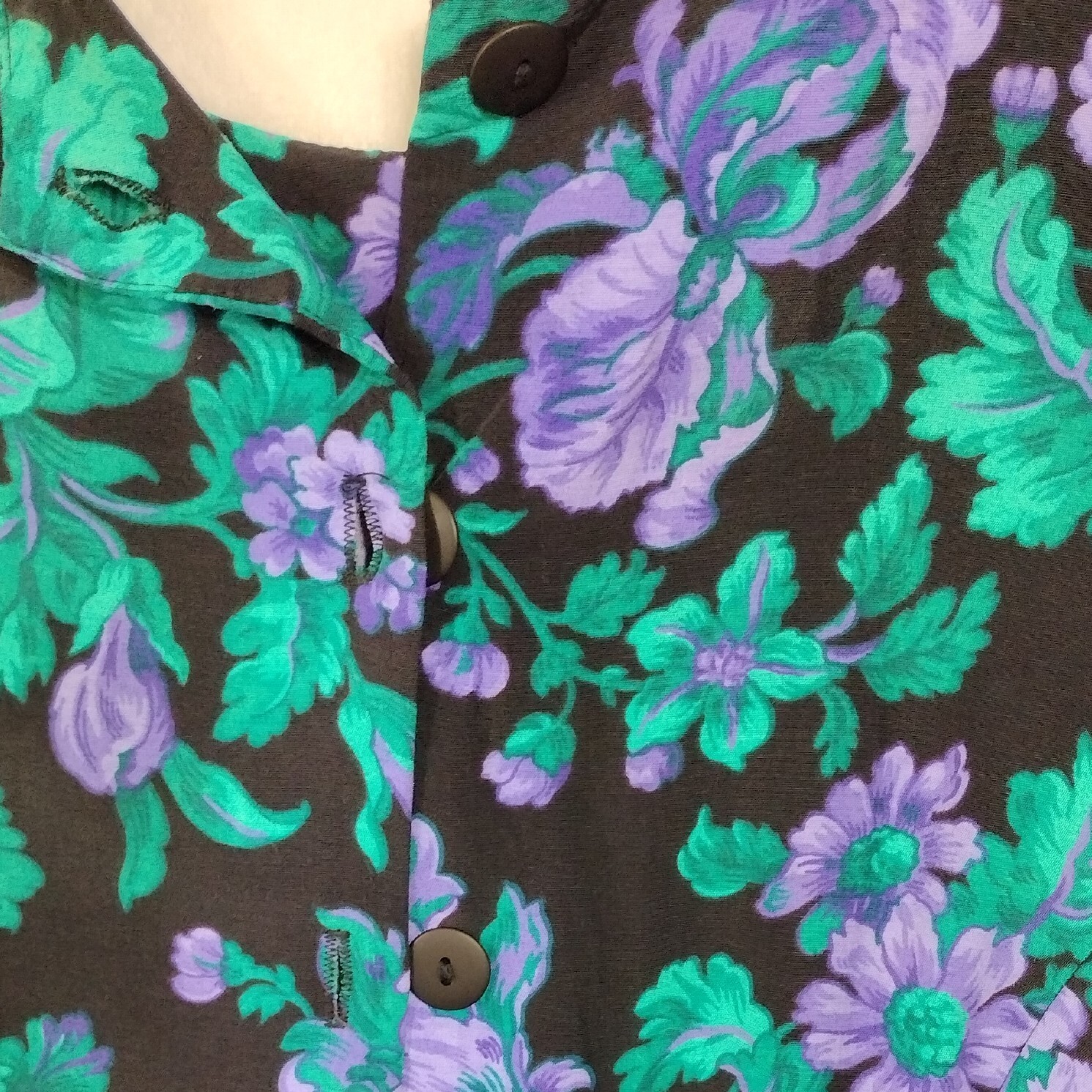 Vintage Ansley Midi Dress Black w/ Purple Flowers Pockets 80s 90s Made USA READ