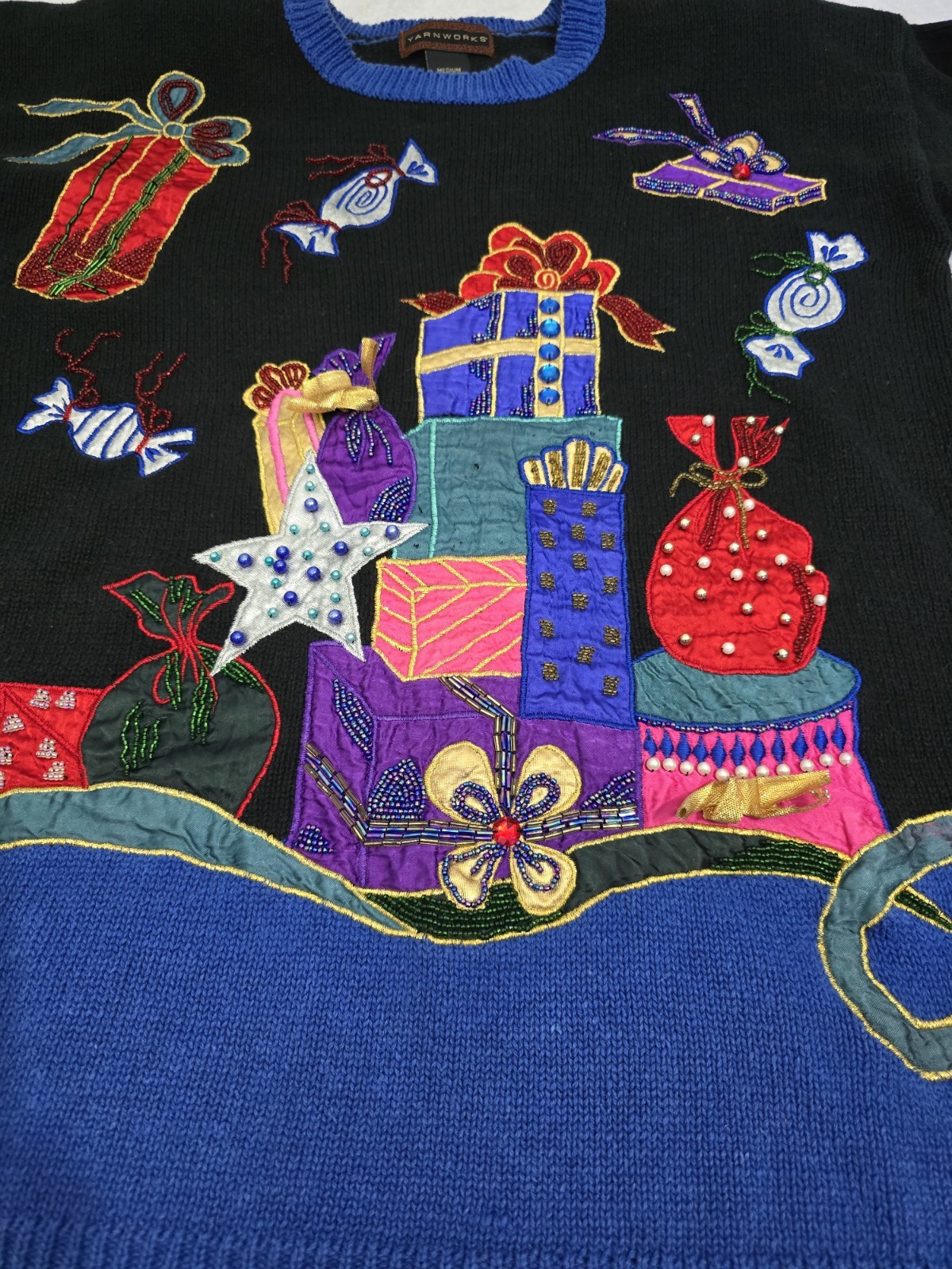 Vtg. Yarnworks Ugly Christmas Sweater Presents Candy Embroidery Beads, Medium