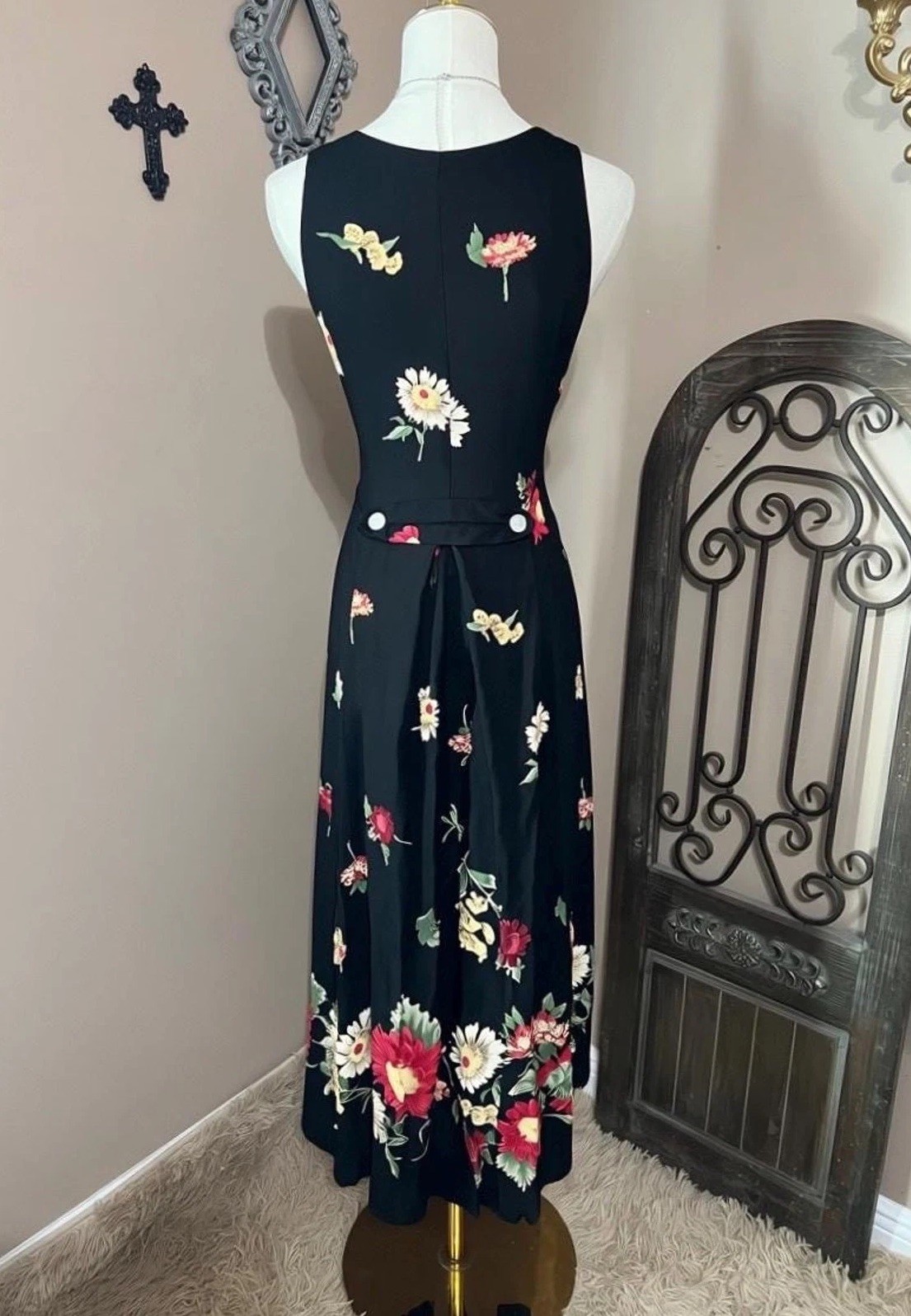 Vintage 90s Black Floral Button Down Tank Dress Cottagecore Boho Grunge Size L