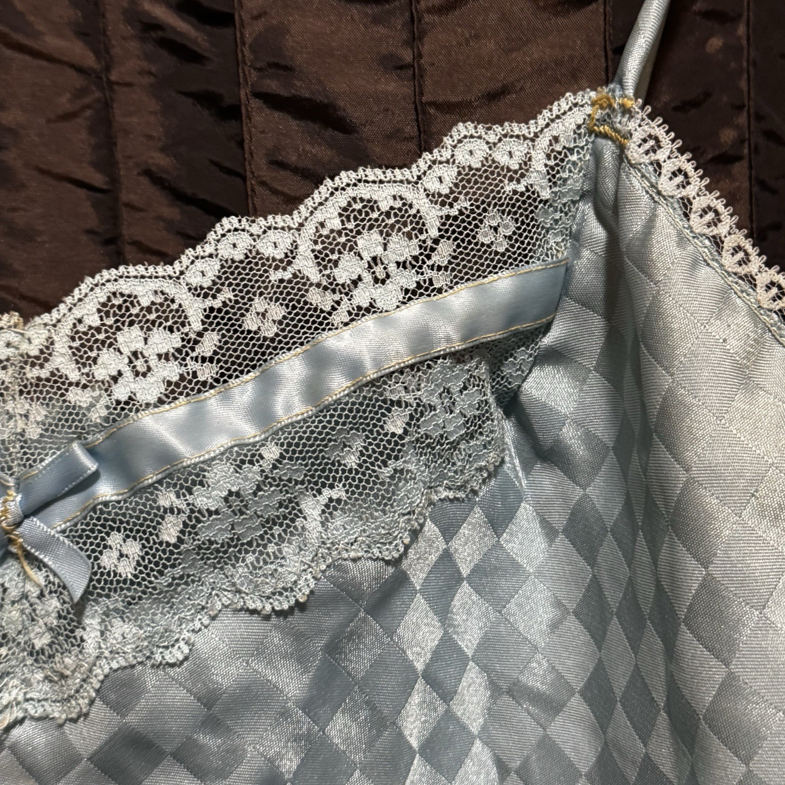 Taryn Alexander Camisole Top Blue Lace Trim Diamond Pattern Vintage 1970s