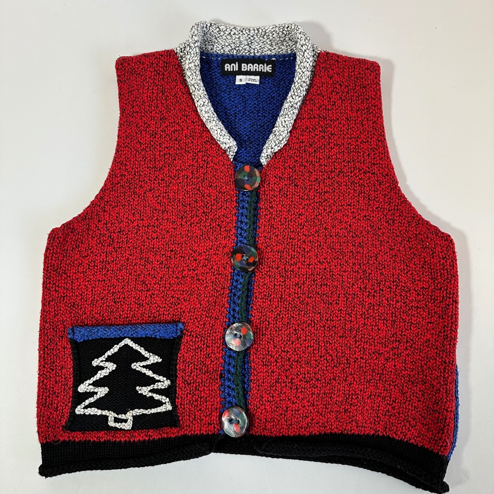 Vintage Knit Cotton Vest Red Blue Small Christmas Tree Holiday Retro Festive