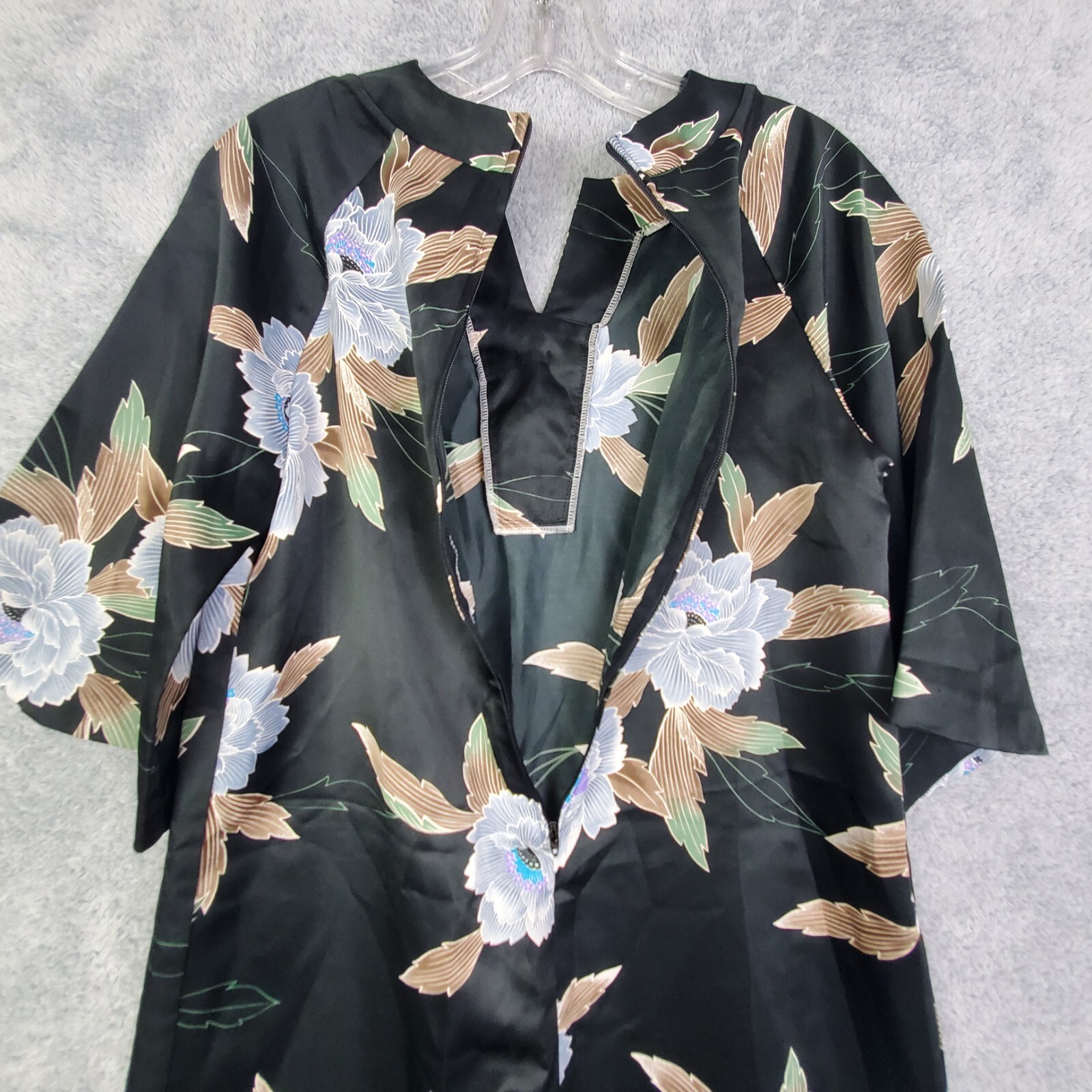 Vtg 60s Nani of Hawaii Dress Sz S M Kimono Shift Floral Vneck Frog Button Satin
