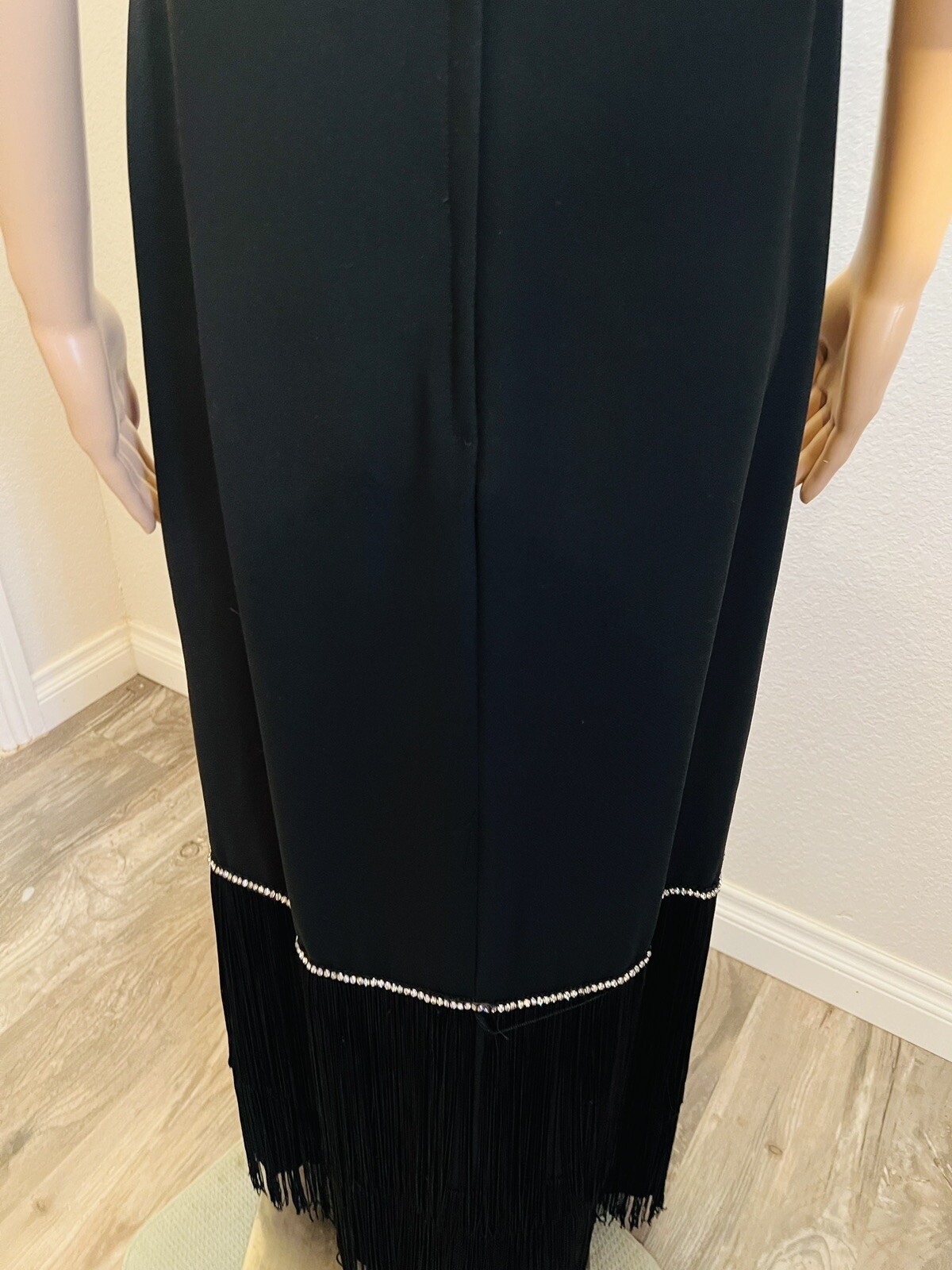 VTG 1960s Pavillon Design Black Evening Gown Maxi Dress Fringe & Rhinestones M*