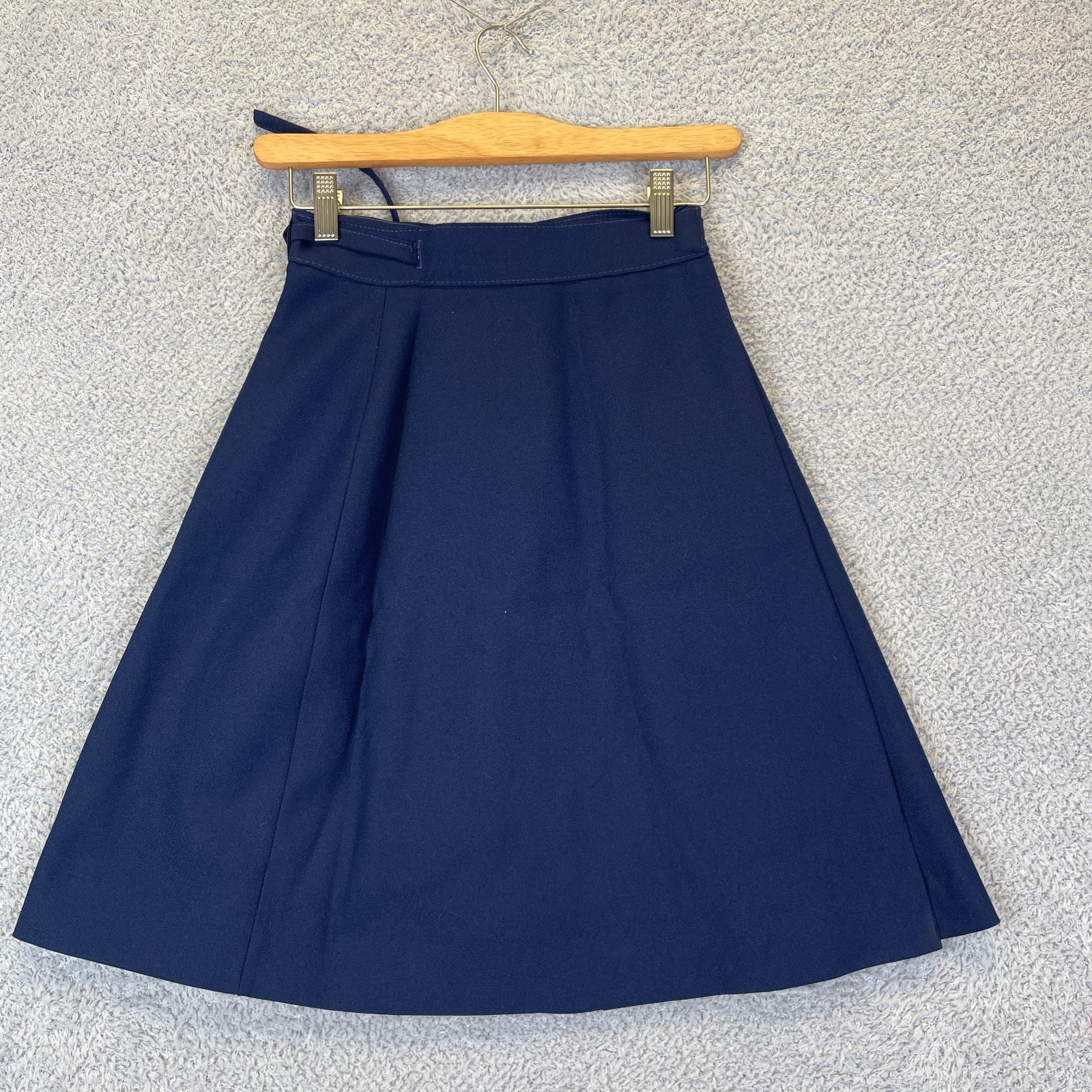 Vintage 1970s Preppy Retro Navy A-Line Wrap Midi Secretary Skirt Womens XSmall