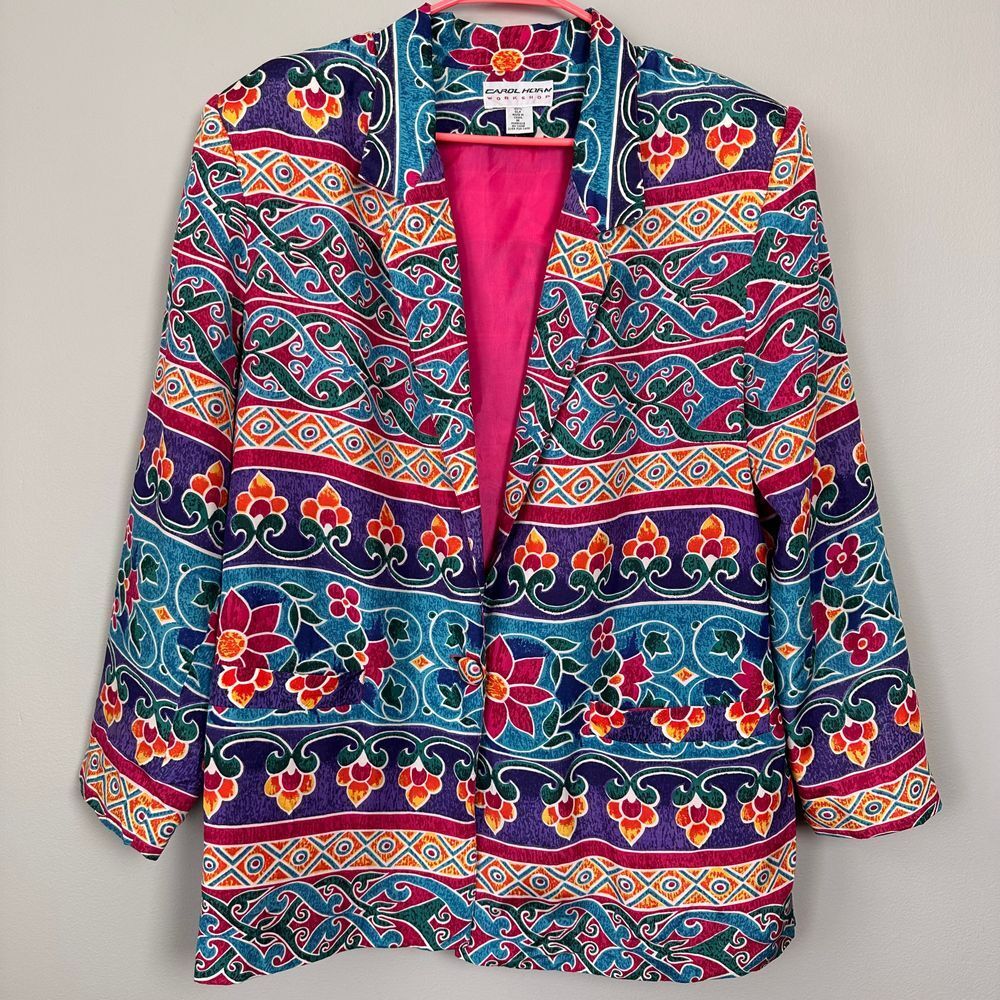 Vintage Carol Horn Women Medium Blazer Silk Floral Print Jacket 80s Arty