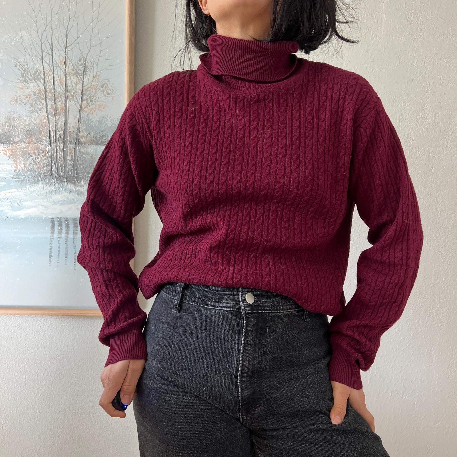 vintage 90s Silk Cashmere Turtleneck Sweater Burgundy Cable Knit Neiman Marcus