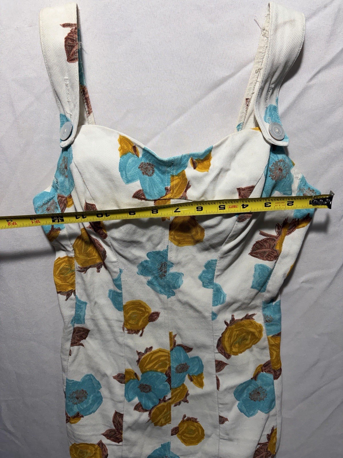 Vintage 1950s White Floral One Piece Swimsuit With Turquoise And Mustard Flowers