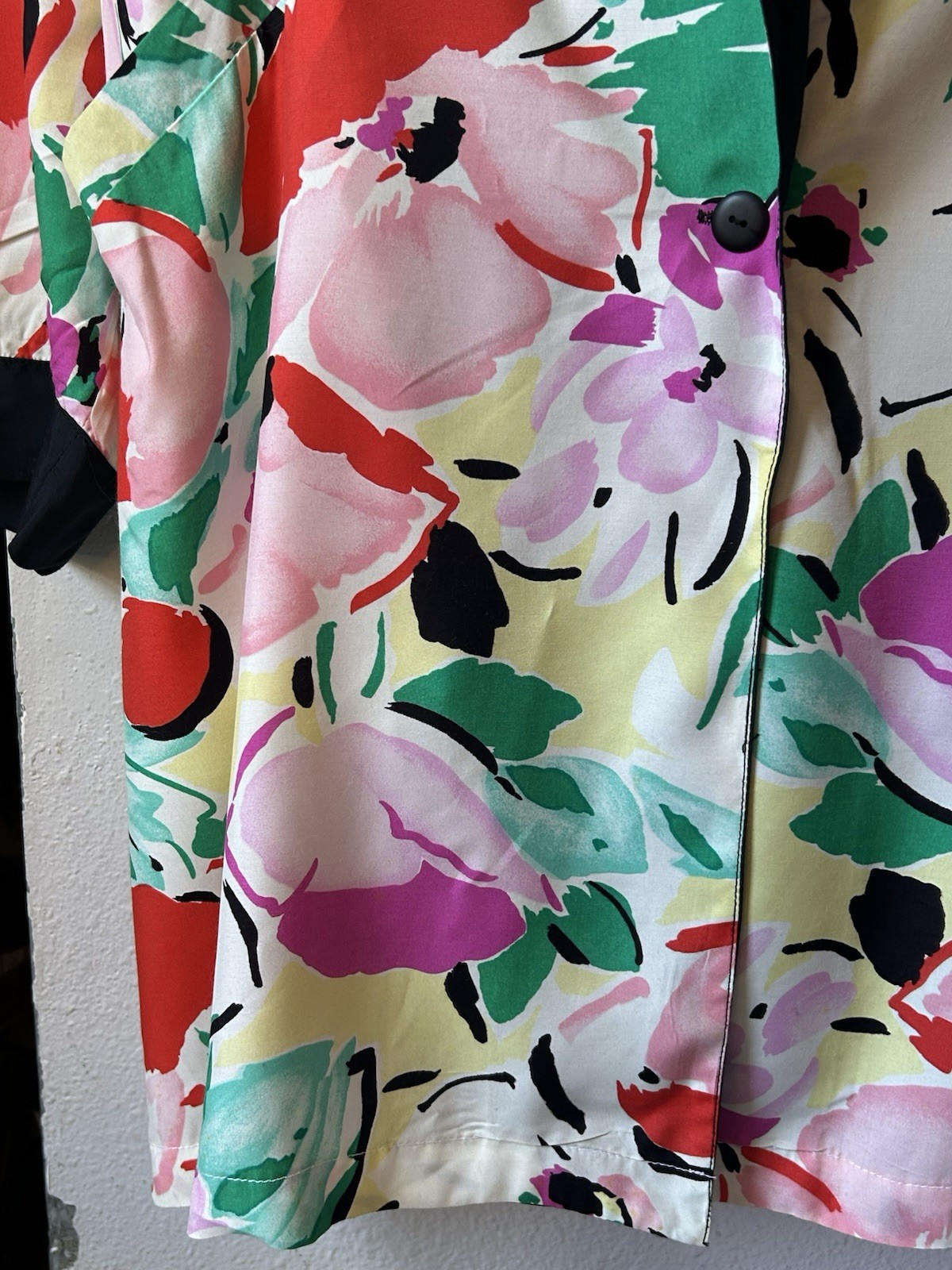 VTG 80’s Women’s Frangiano Floral Rayon Duster W/ Black Collar Cuffs New Wave