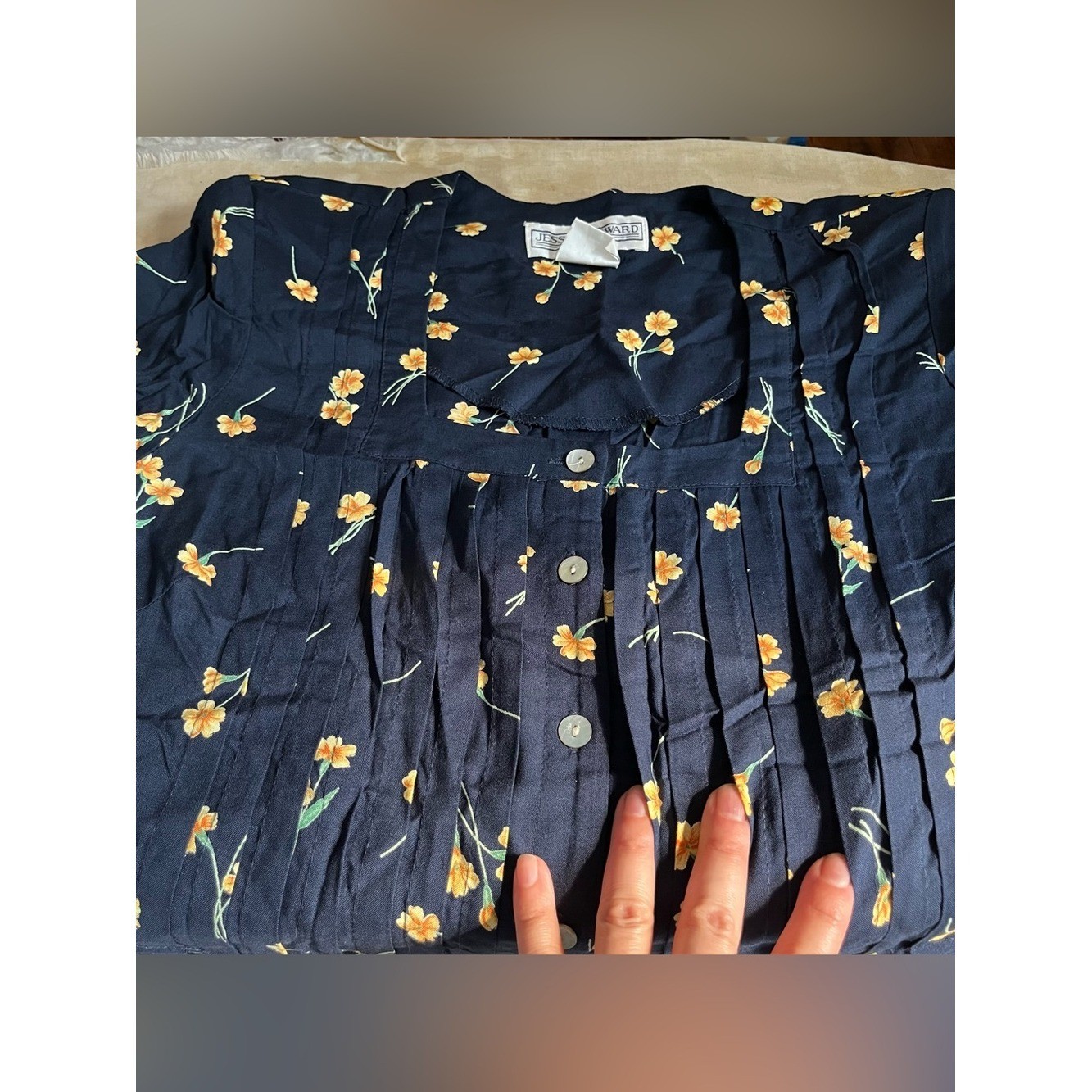 Jessica Howard Navy Maxi Dress Yellow Floral mother pearl buttons Vintage Sz 8