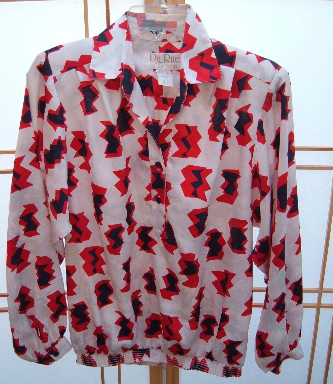 Vtg Top Da Rue Of California Mod Retro Geo polyester Blouse Size 8 band hem