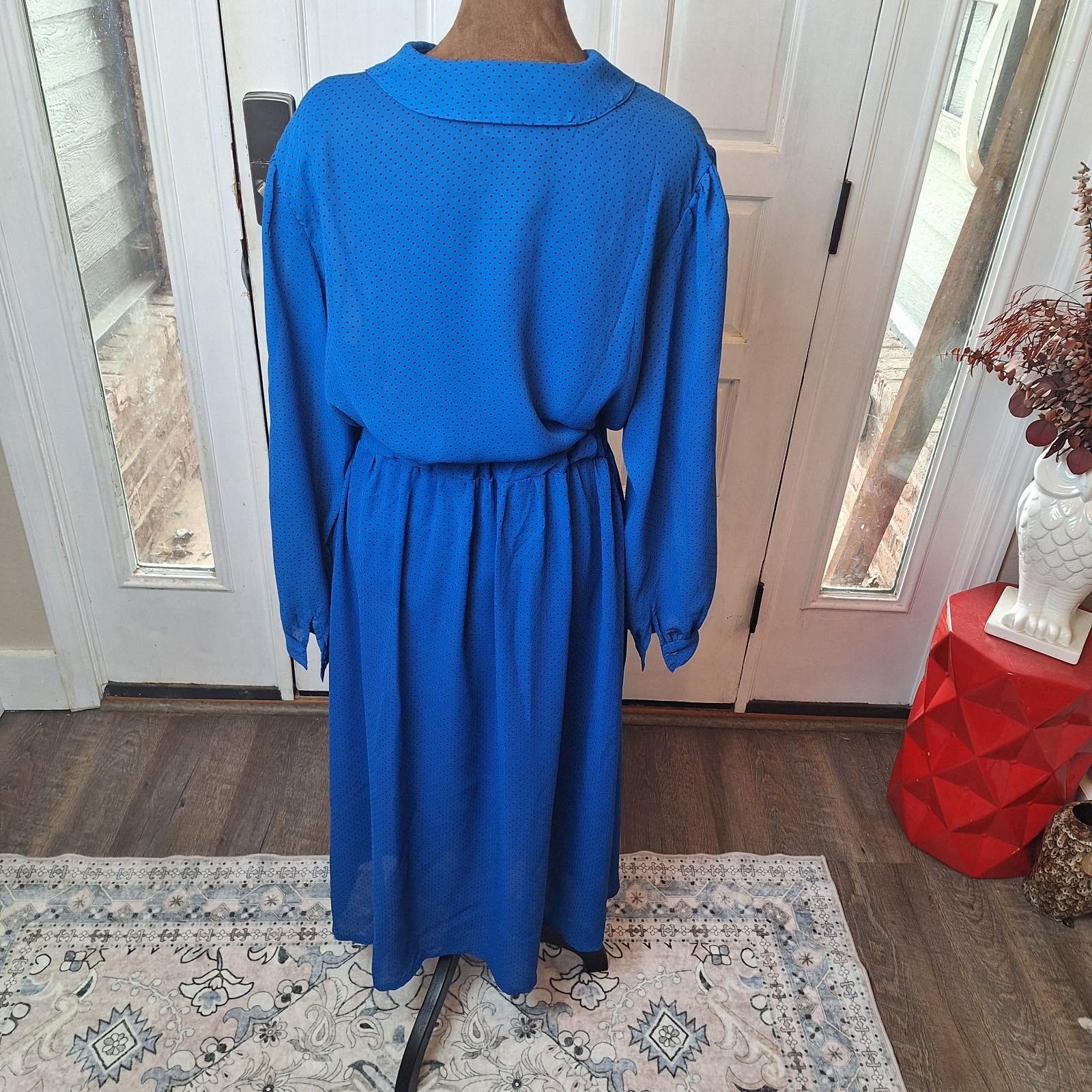 Vtg 80’s Compositions Skirt & Blouse Set, Blue With Black Polka Dots, Size…