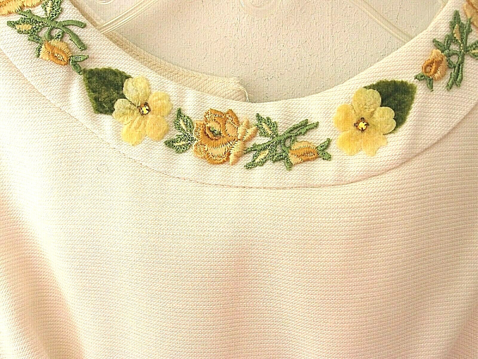 VINTAGE 1960 IVORY EVENING GOWN – GOLD/YELLOW/GREEN EMBROIDERED FLORAL DESIGN
